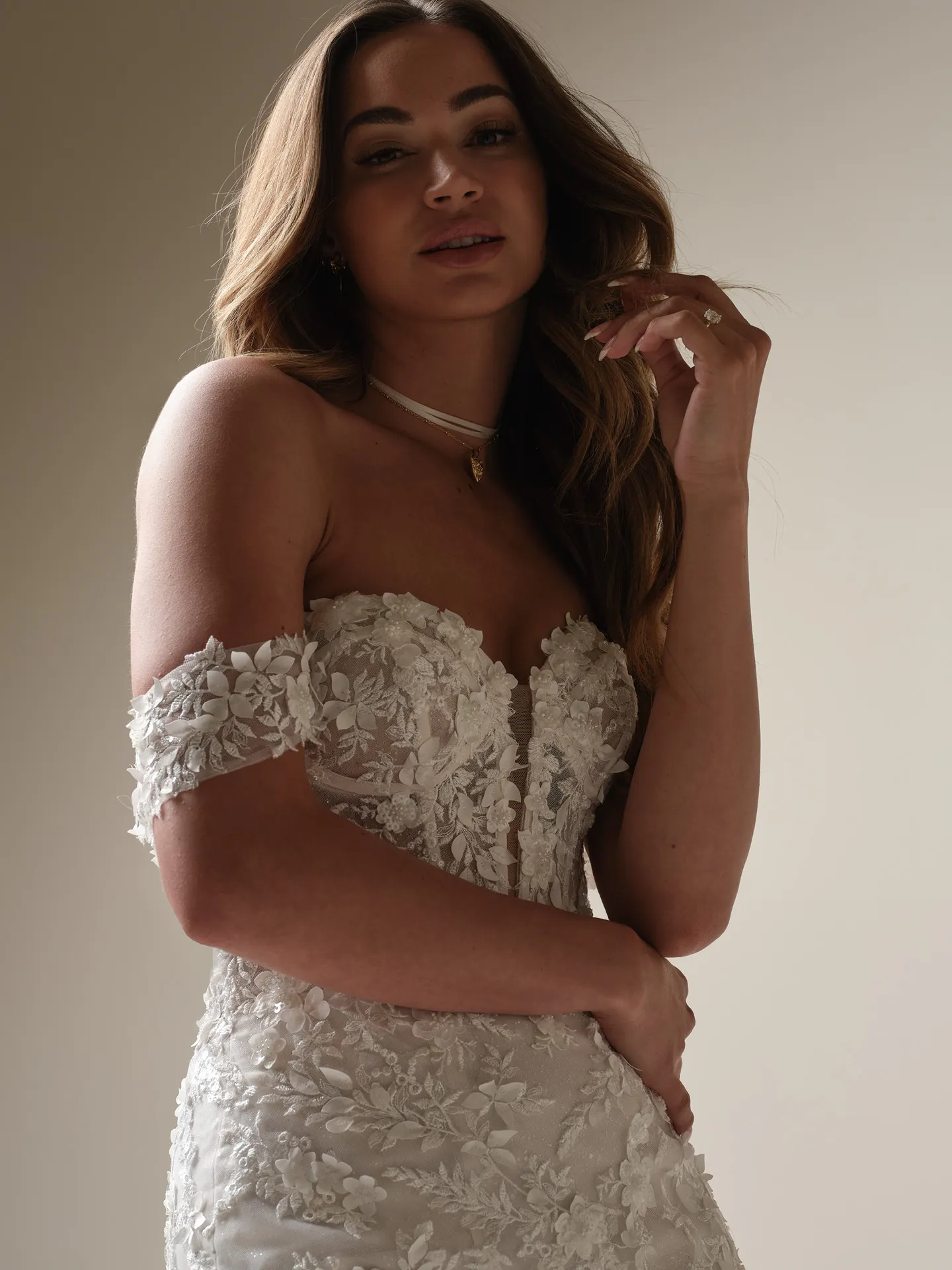 Maggie Sottero Roberta lace gown front view with cap sleeves