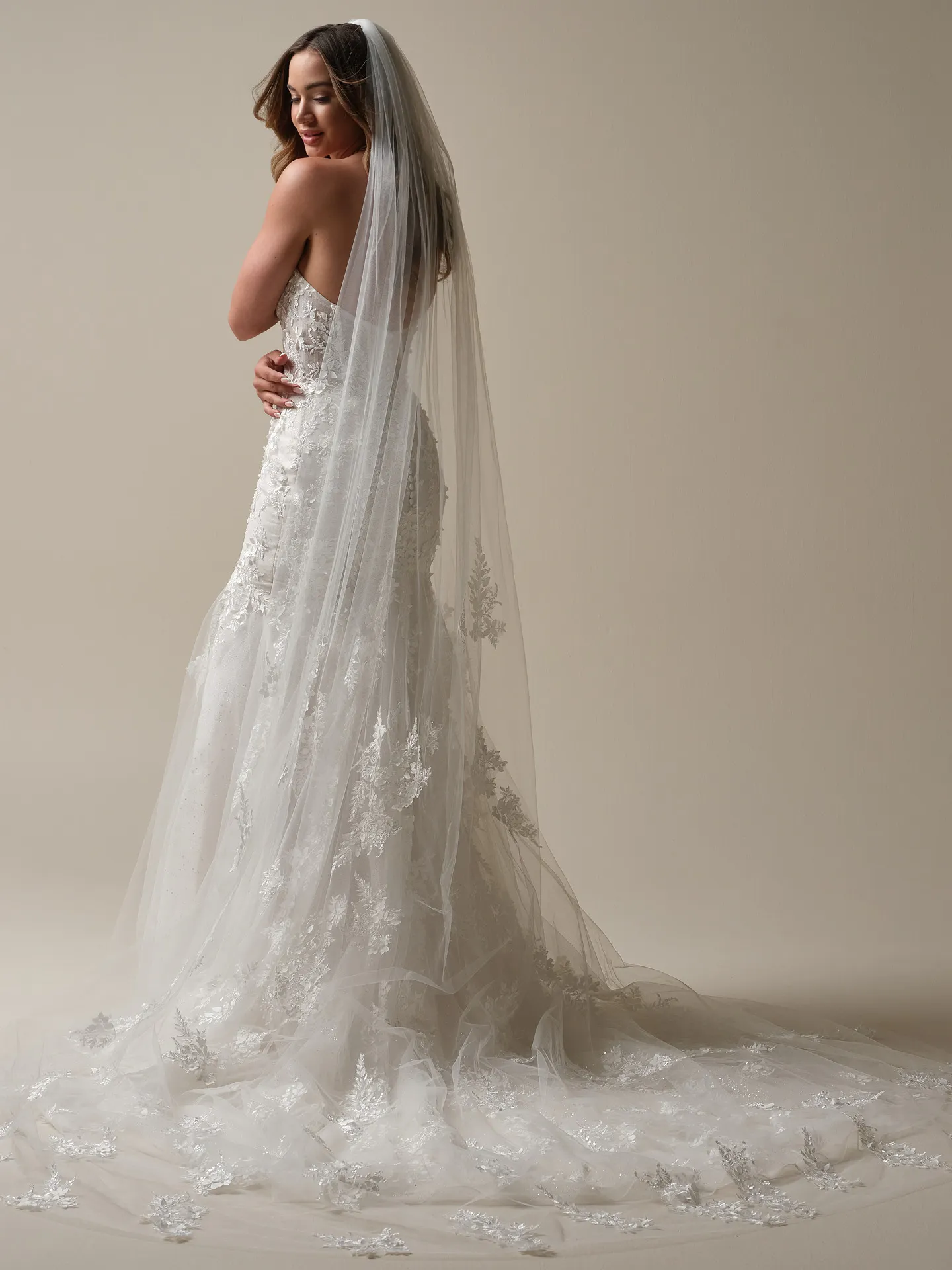 Roberta cathedral length veil with embellished flowers back view Maggie Sottero.