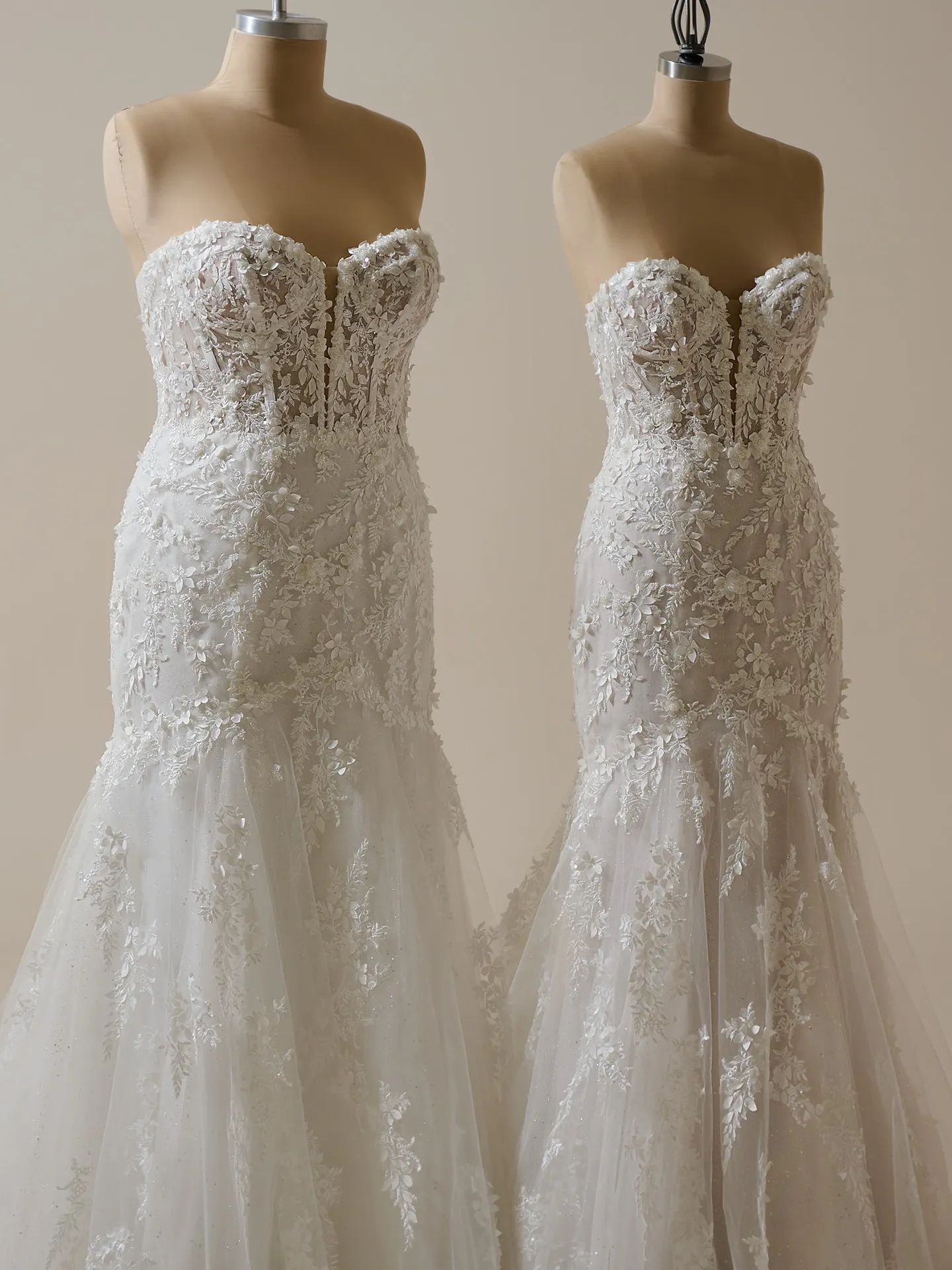 Maggie Sottero Roberta lace fit-and-flare front view on dress forms.