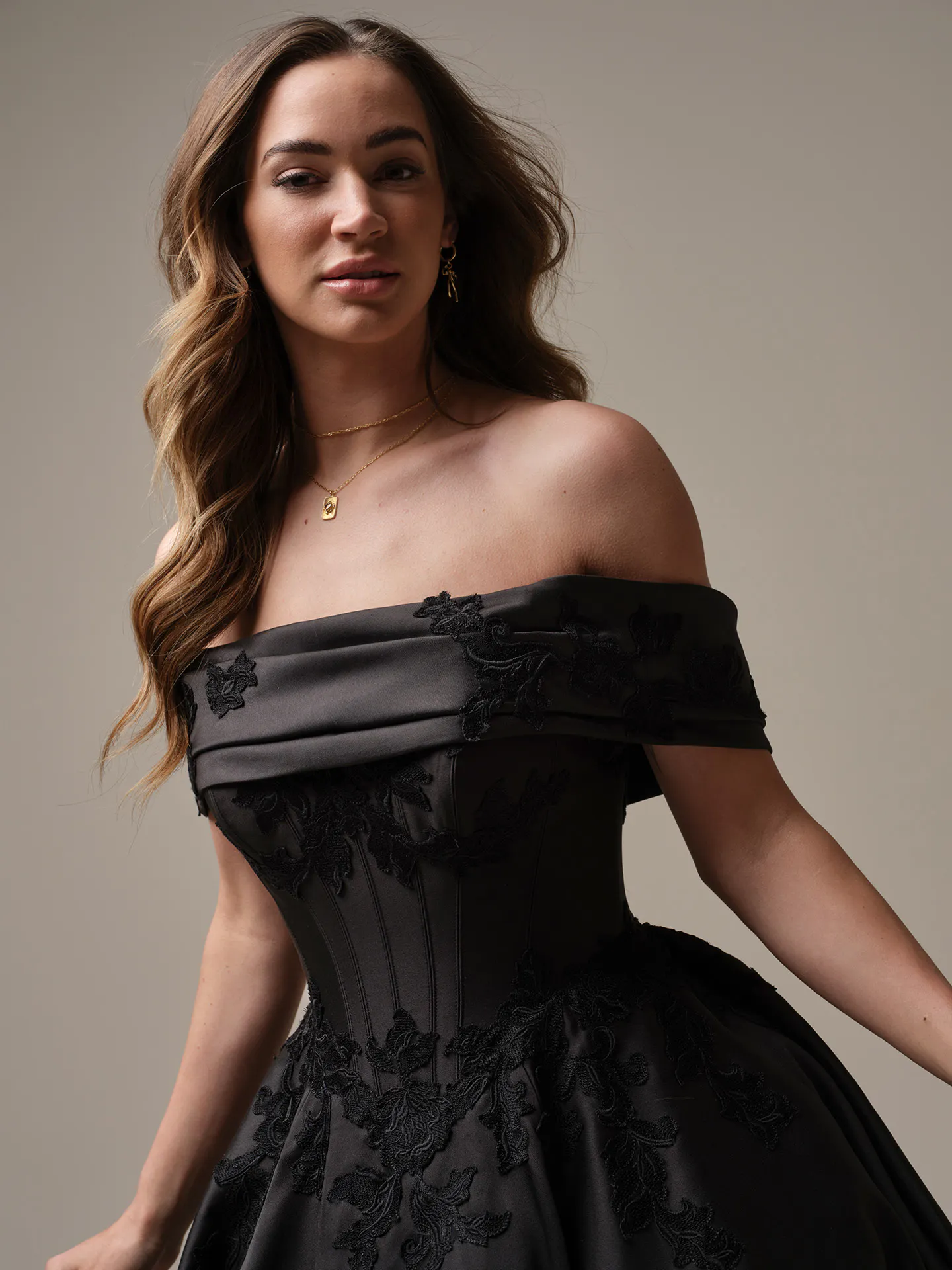 Maggie Sottero Serafina satin dress front view with lace detail.