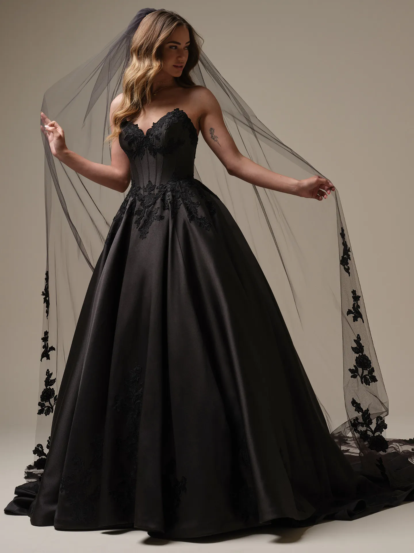 wedding dresses with black detail Serafina Basque Waist Satin Ball Gown Dress | Maggie Sottero dress_type_Cheetah Print D flowers and draped Size:40E Plunging Back Cowl Dress