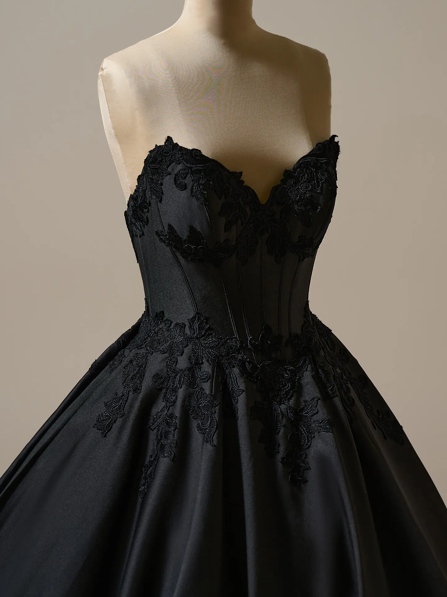 Maggie Sottero Serafina front view black lace ball gown satin wedding dress