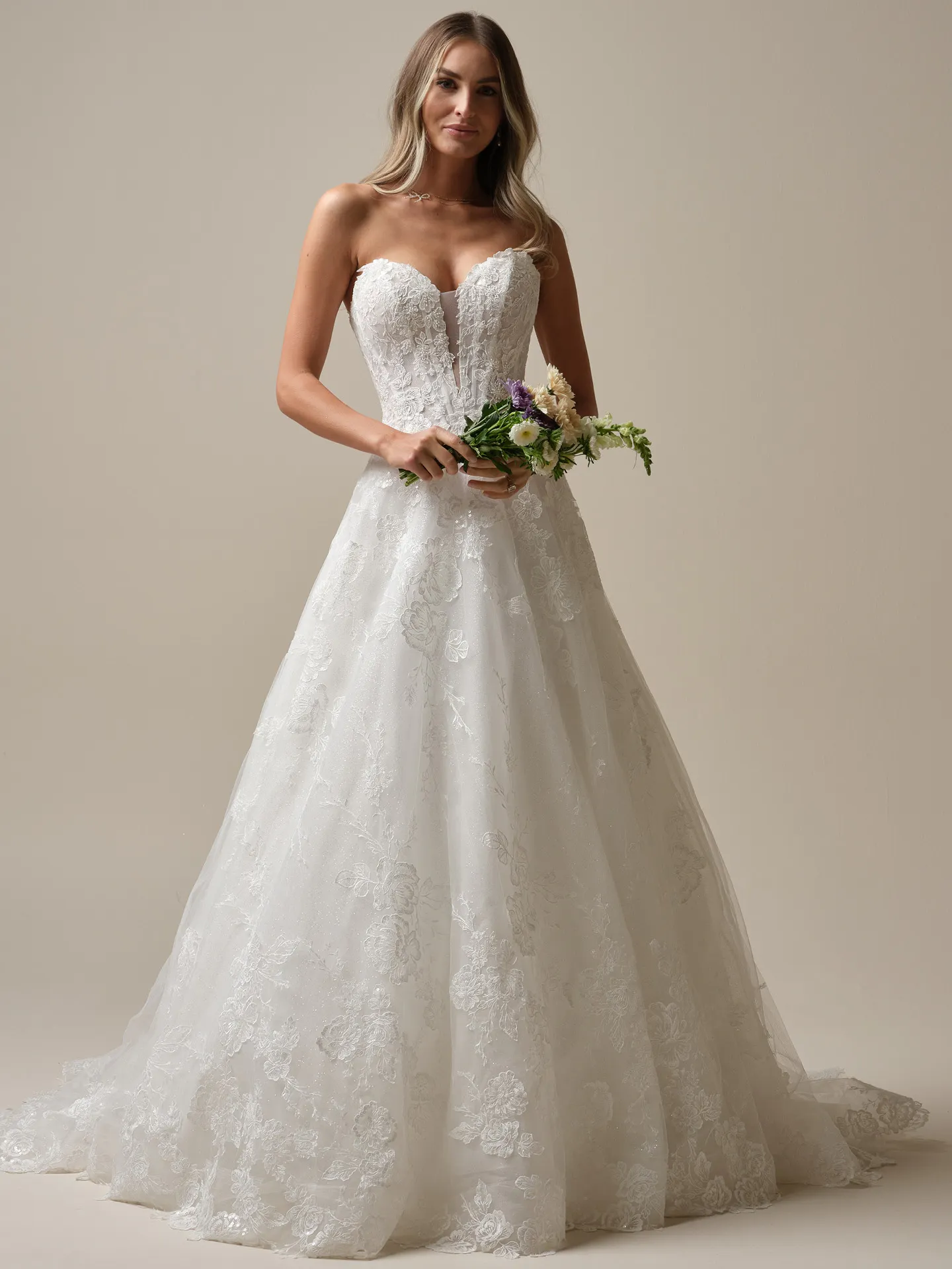 Maggie Sottero Skylar front view A-line bridal gown with plunging neckline