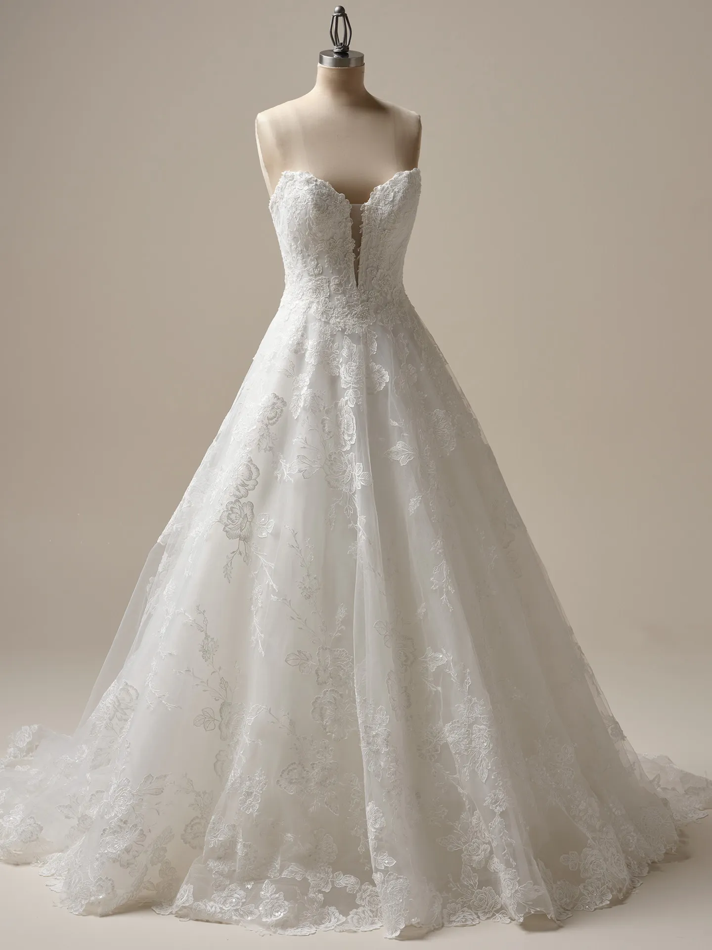 Maggie Sottero Skylar A-line gown front view with lace detailing