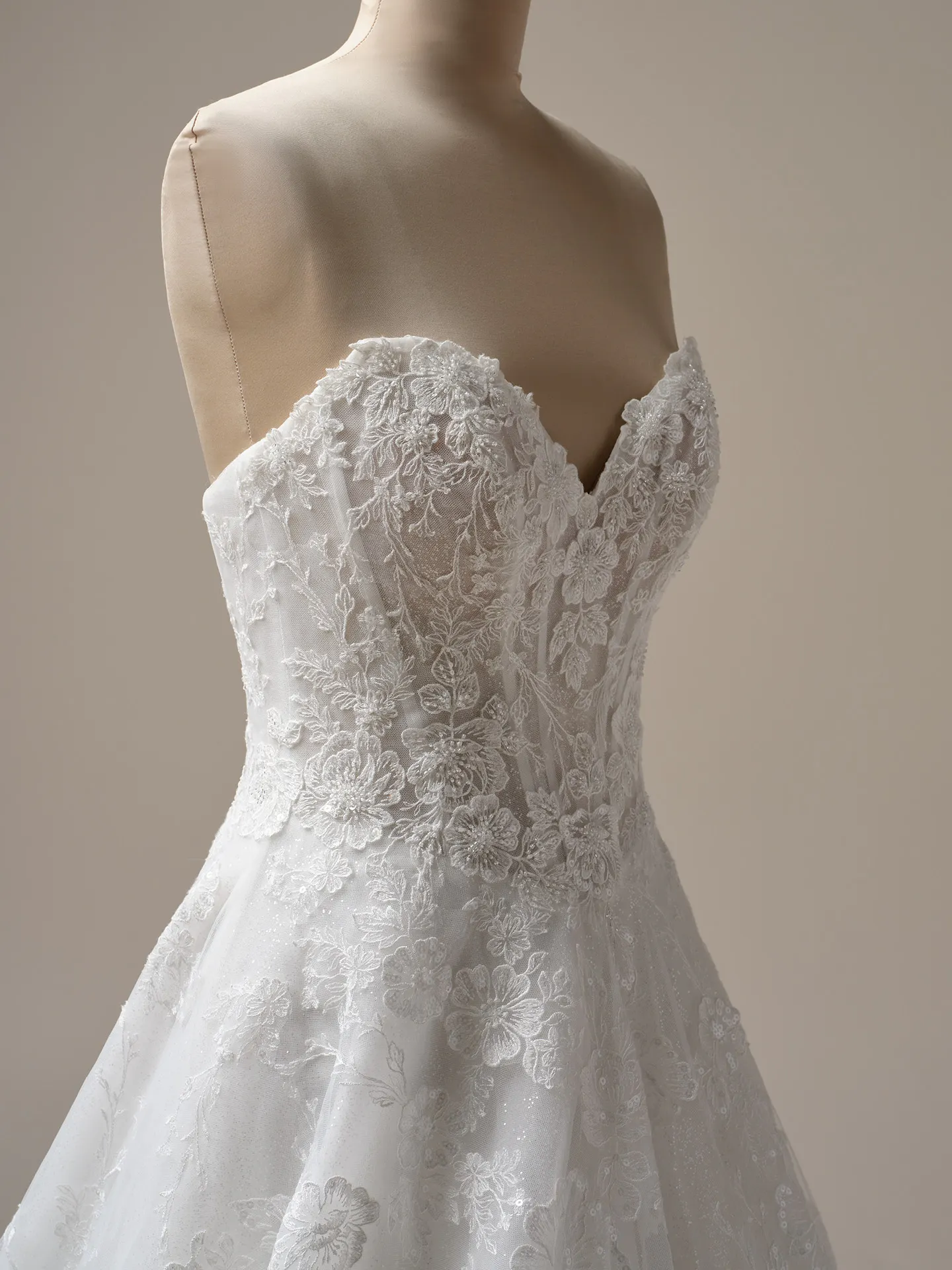 Maggie Sottero Skylar lace detail A-line dress, front view