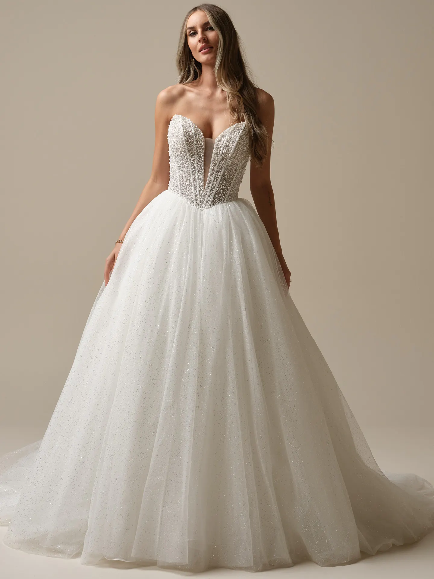 Maggie Sottero Tina Lane front view ball gown with pearls and sequins