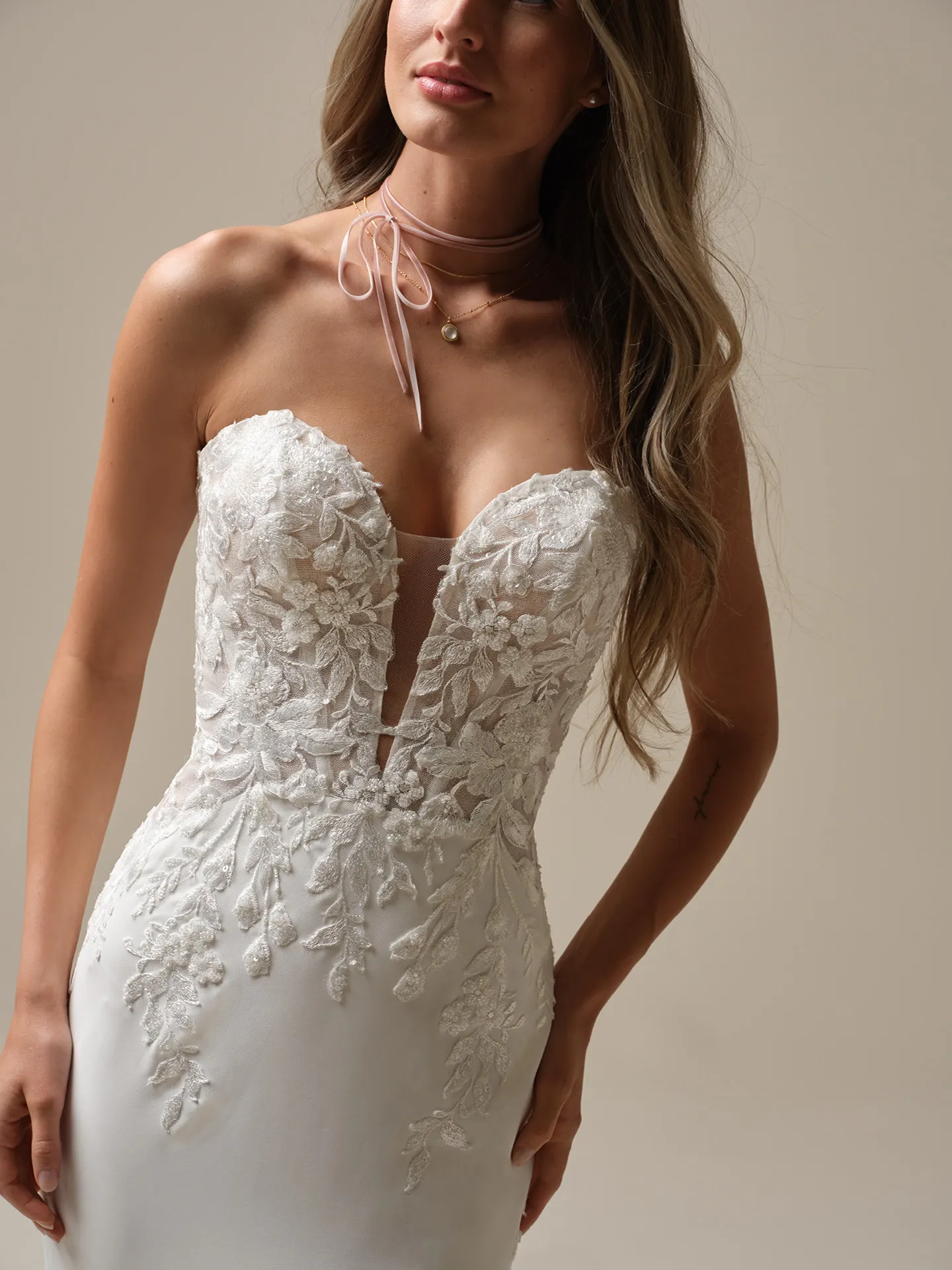 Maggie Sottero Yara front view illusion lace crepe sheath bridal dress