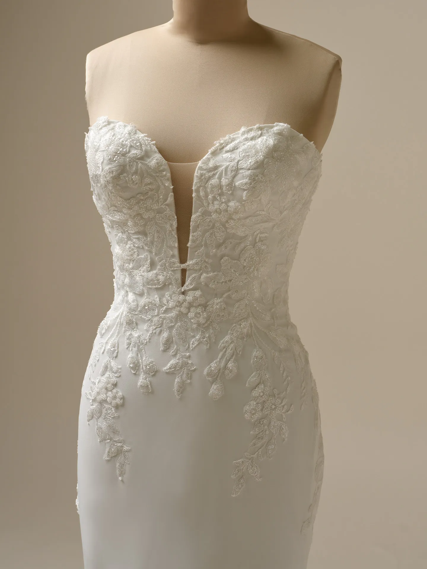 Maggie Sottero Yara front view lace applique sheath dress