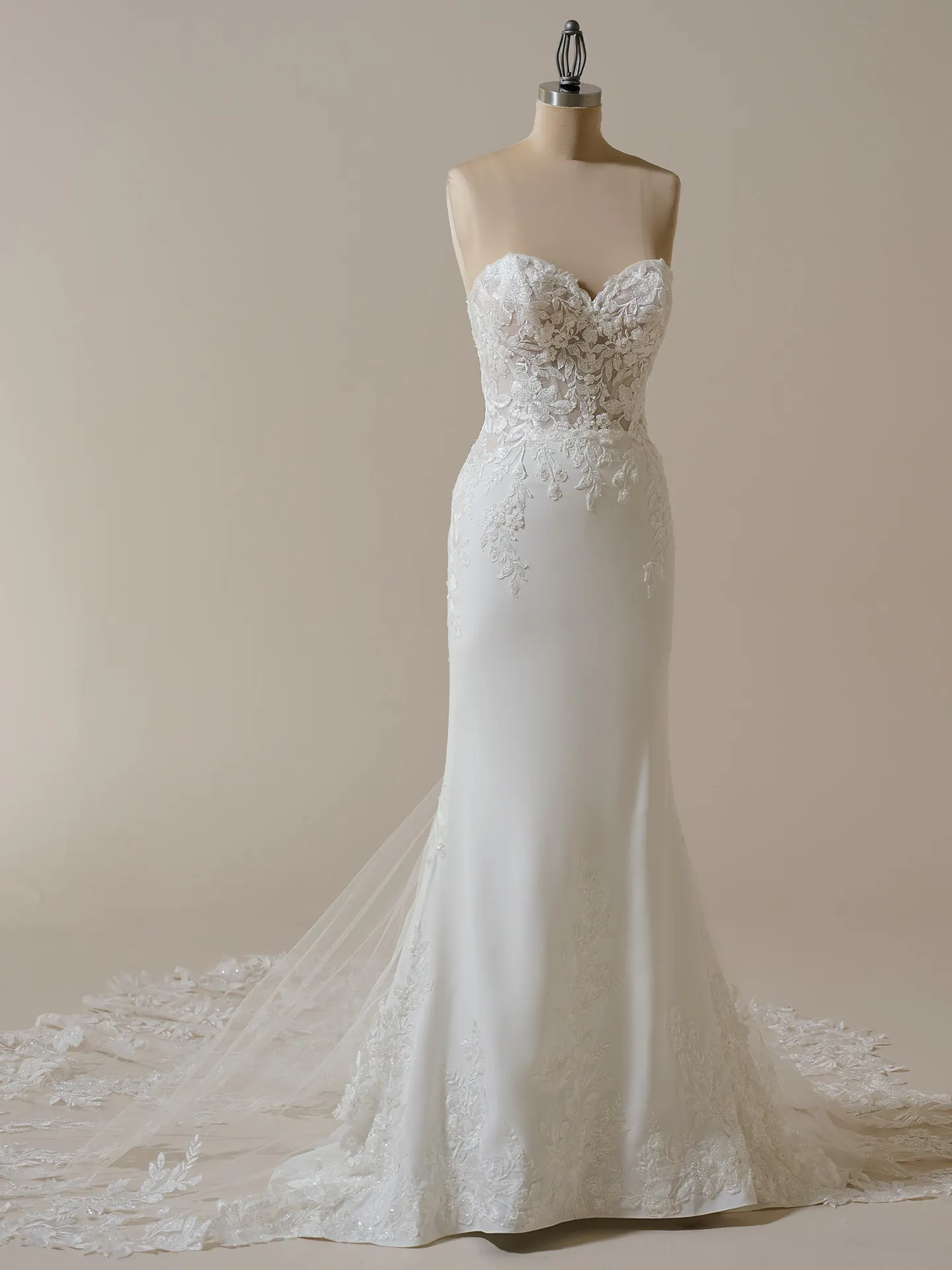 Maggie Sottero Yara front view, strapless crepe sheath gown with lace detailing