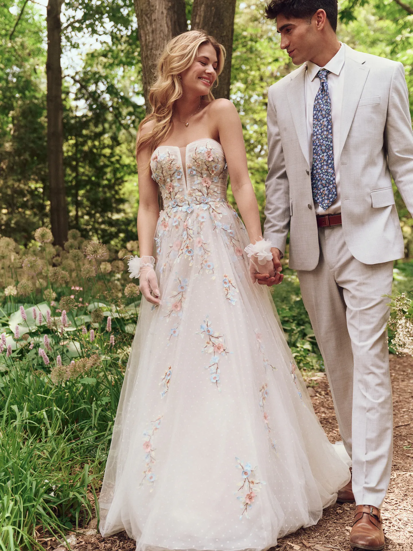 Zephyrine colorful floral A-line gown front view in garden