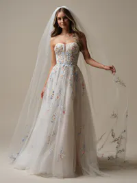 Chapel length veil accented with colorful lace motifs