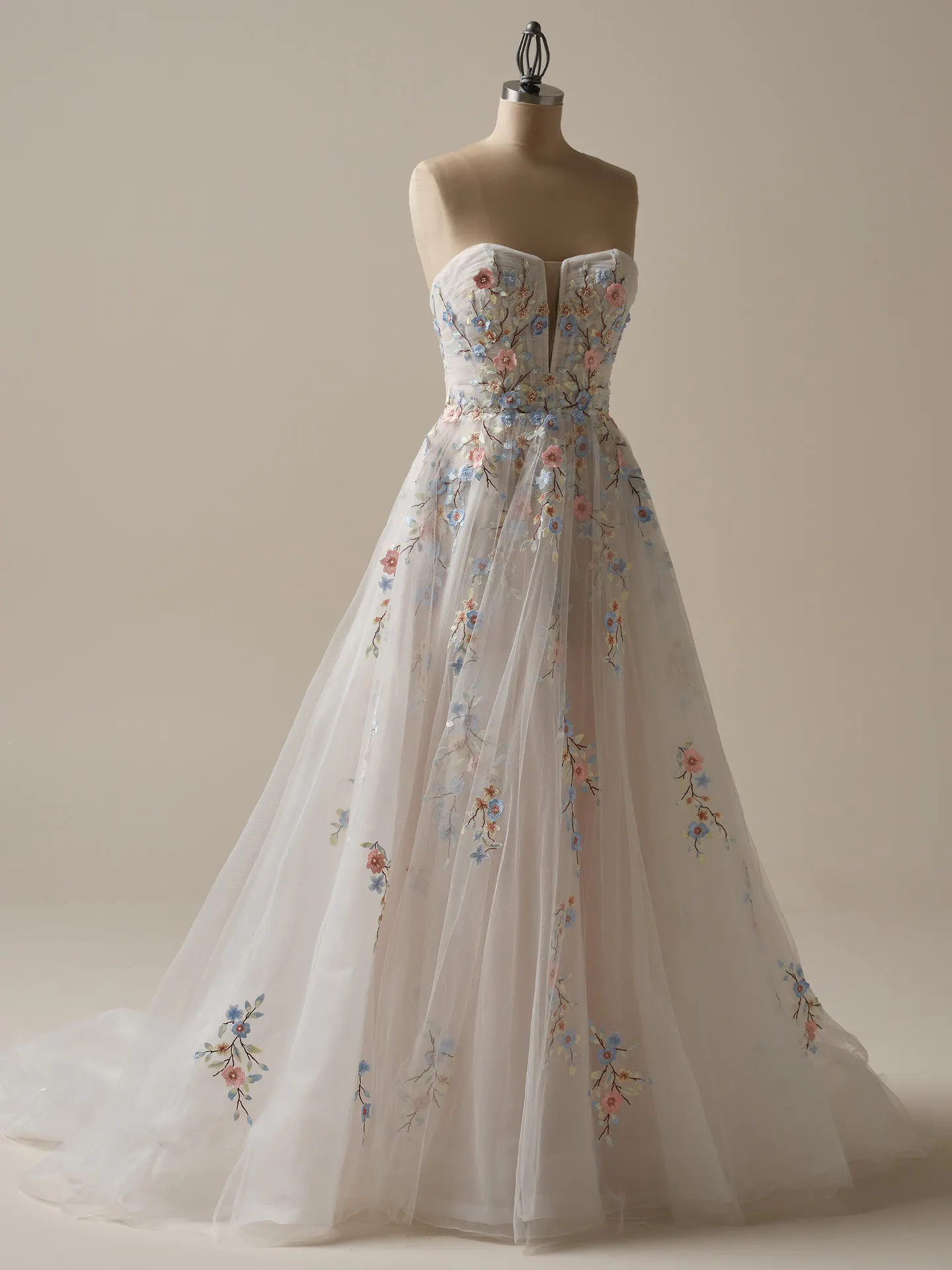 Maggie Sottero Zephyrine front view, colorful floral A-line wedding gown.