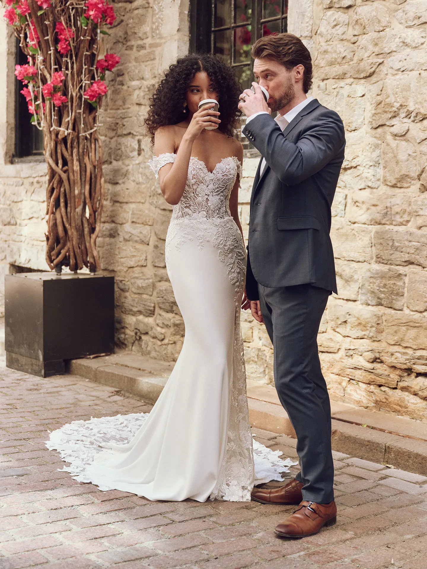 Adeline Chantilly Lace Sheath Wedding Dress front view outdoors