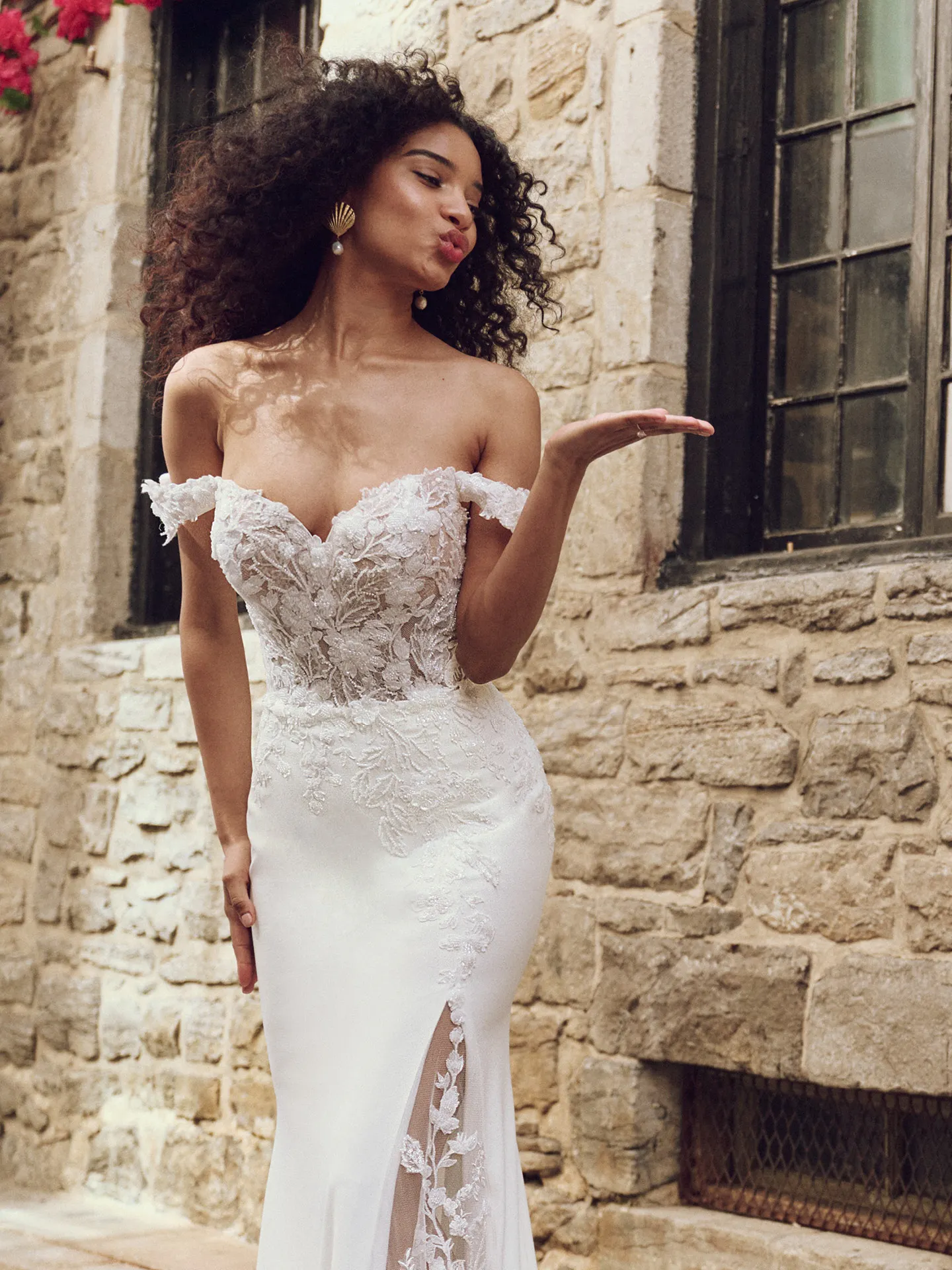 Maggie Sottero Adeline front view lace sheath wedding dress with floral details