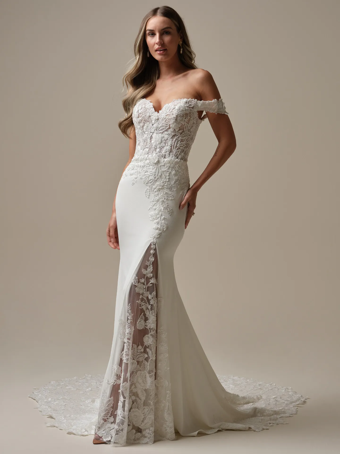 Adeline Chantilly lace sheath wedding dress front view Maggie Sottero