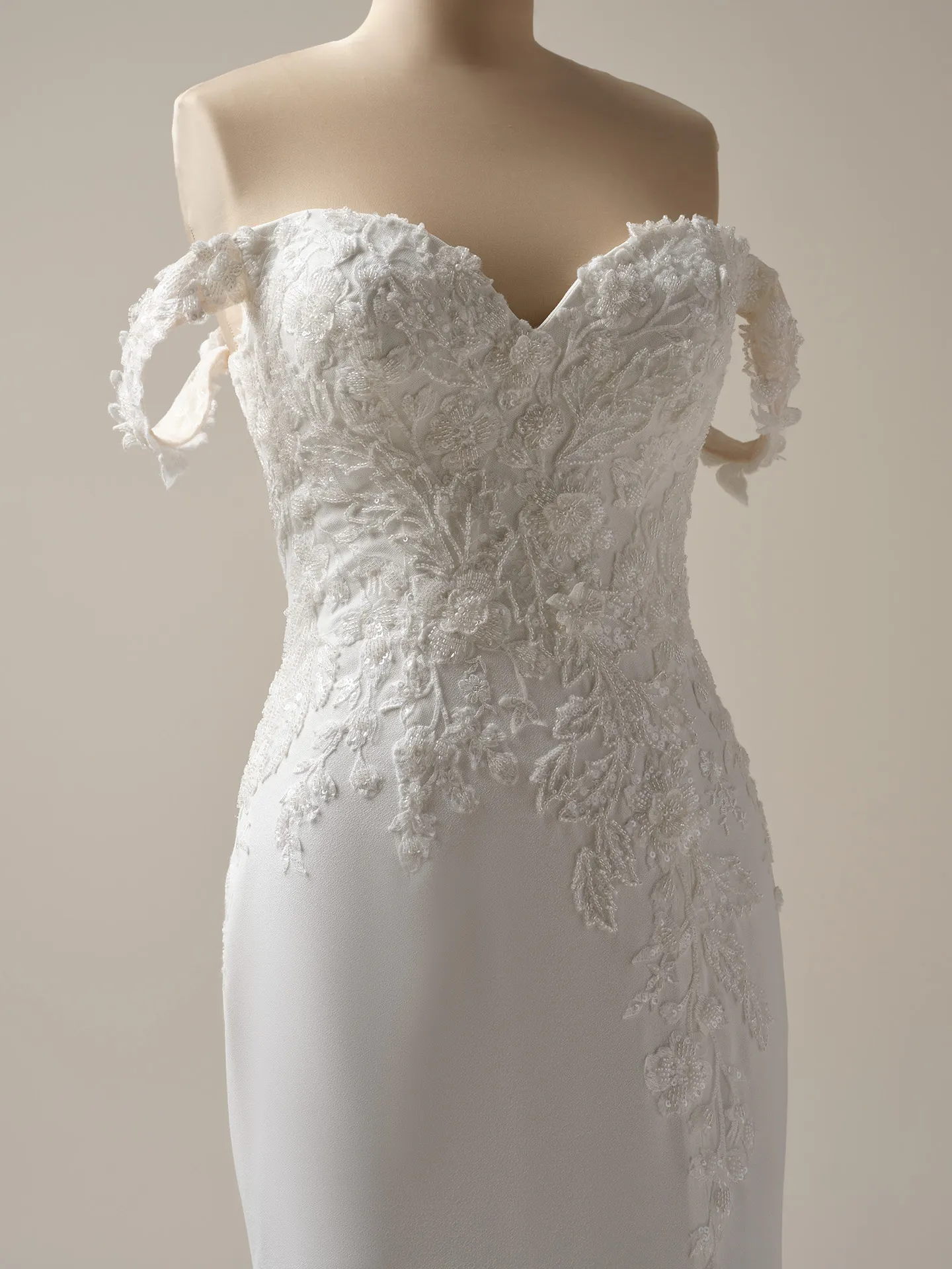 Maggie Sottero Adeline front view lace sheath wedding dress.