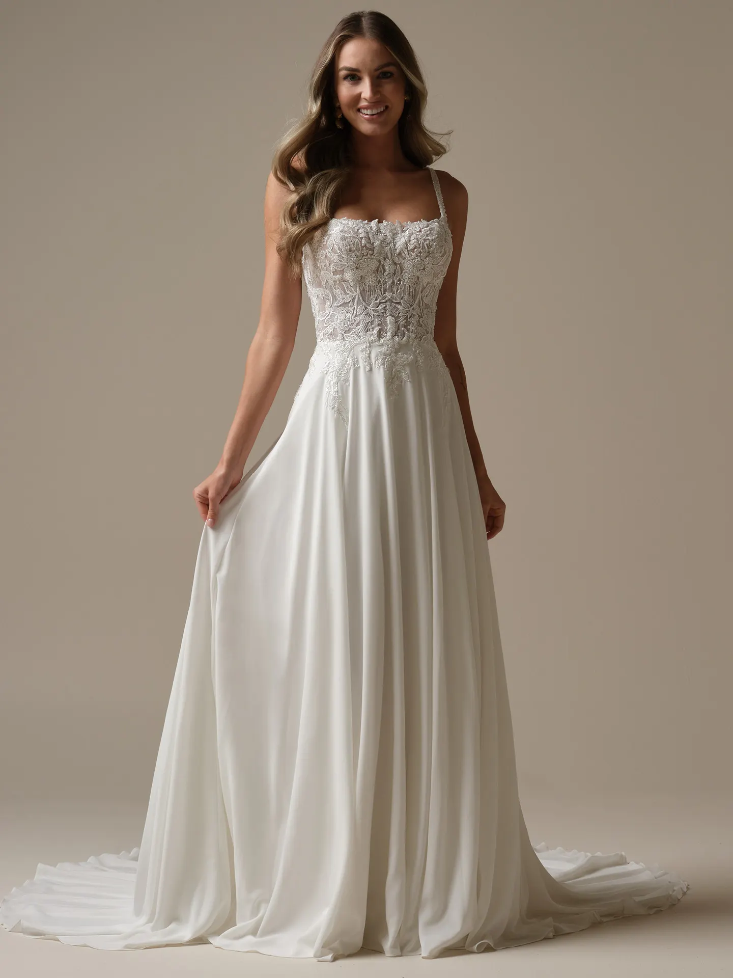 Maggie Sottero Avery front view chiffon A-line gown with lace bodice