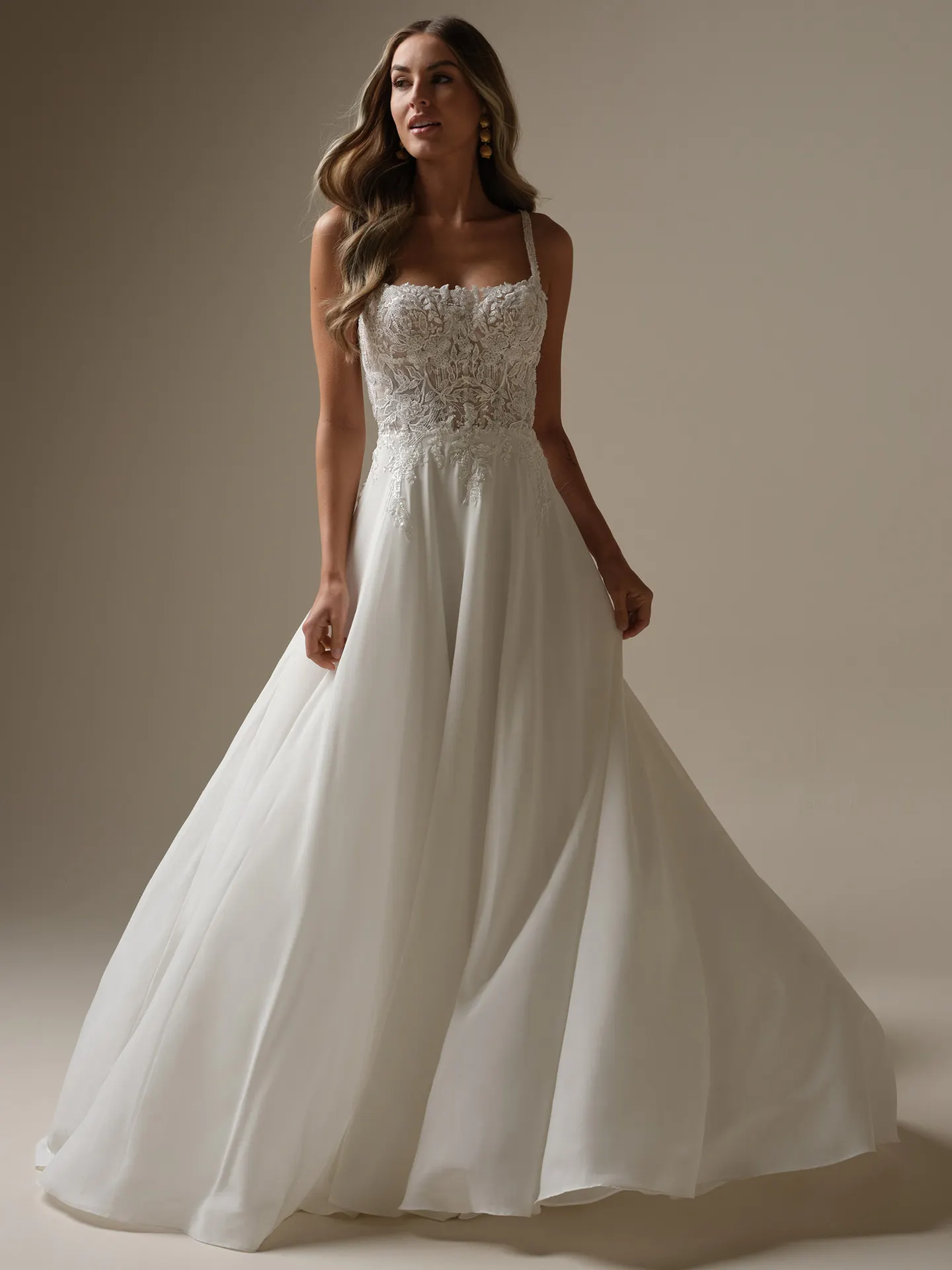 Avery chiffon A-line wedding gown front view Maggie Sottero