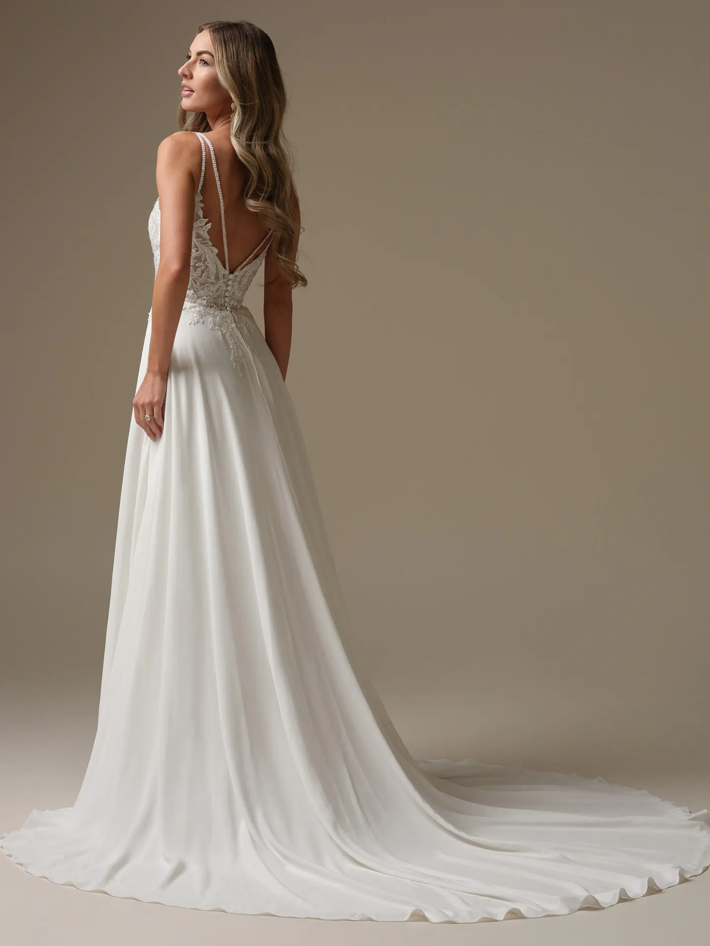 Avery chiffon backless a-line wedding gown side view Maggie Sottero