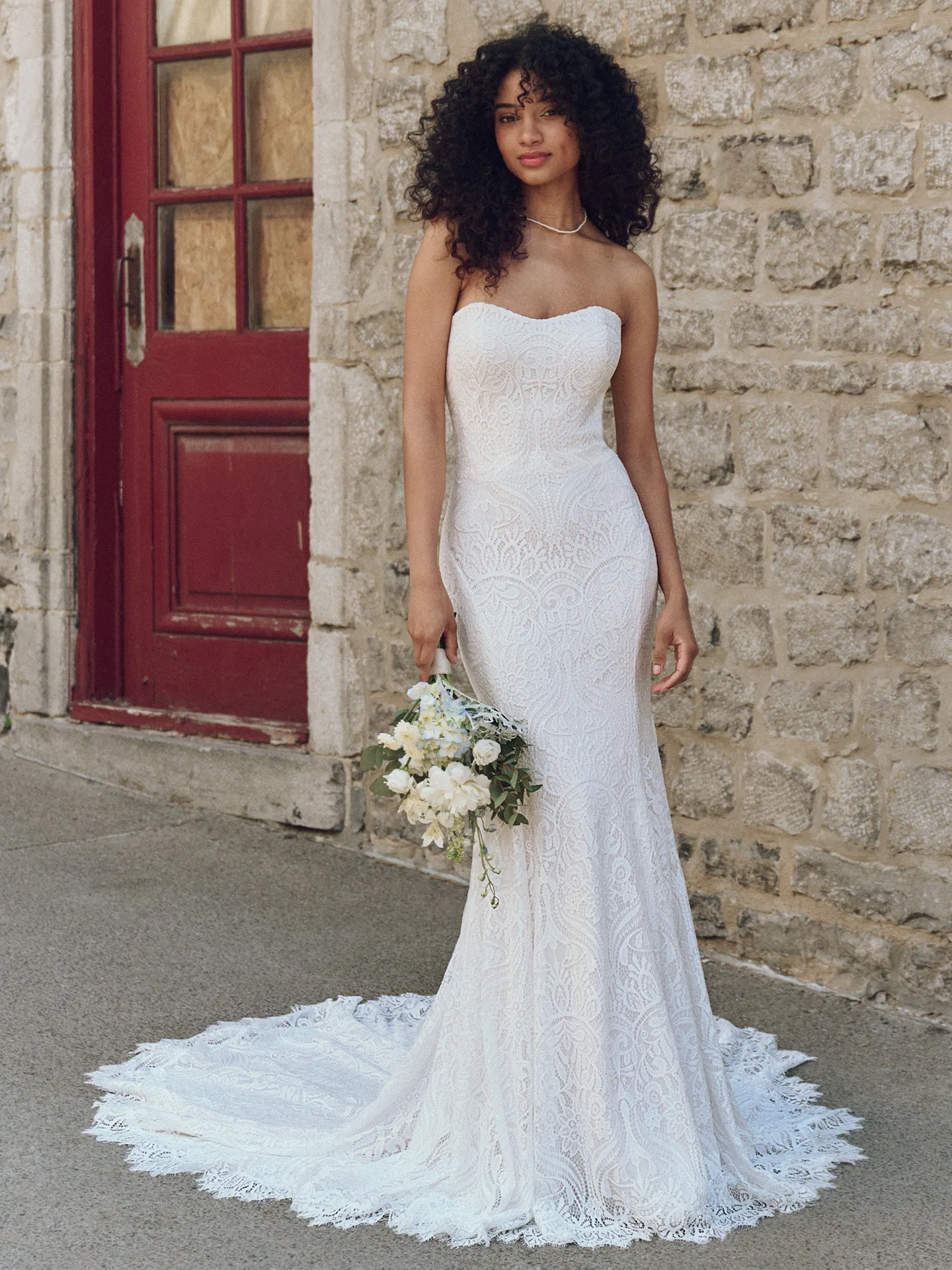 Maggie Sottero Berkeley front view lace sheath bridal dress