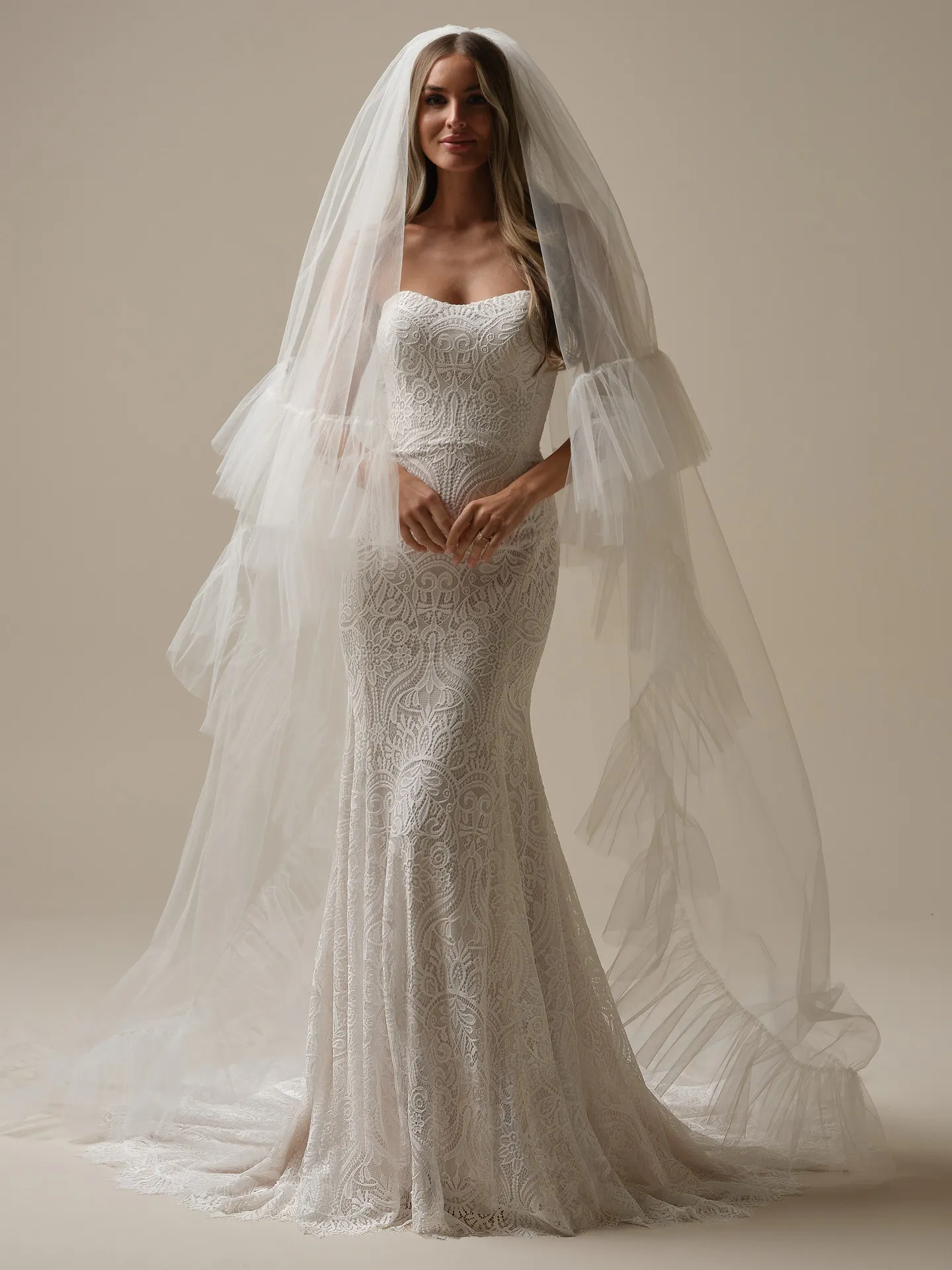 Rebecca Ingram front view dress with Berkely cathedral veil with ruffle edge detail