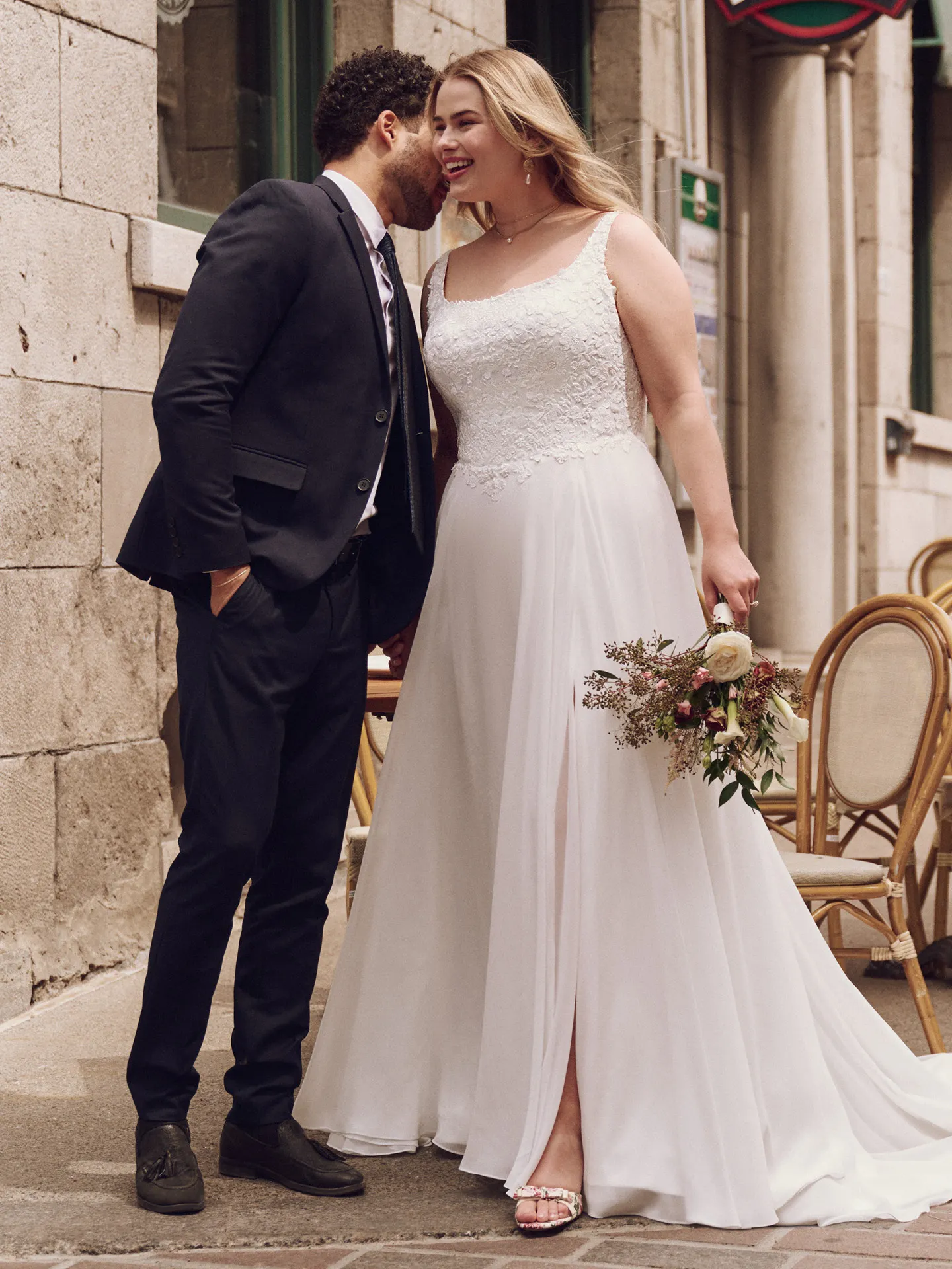 Maggie Sottero Cory side slit chiffon A-line wedding dress front view