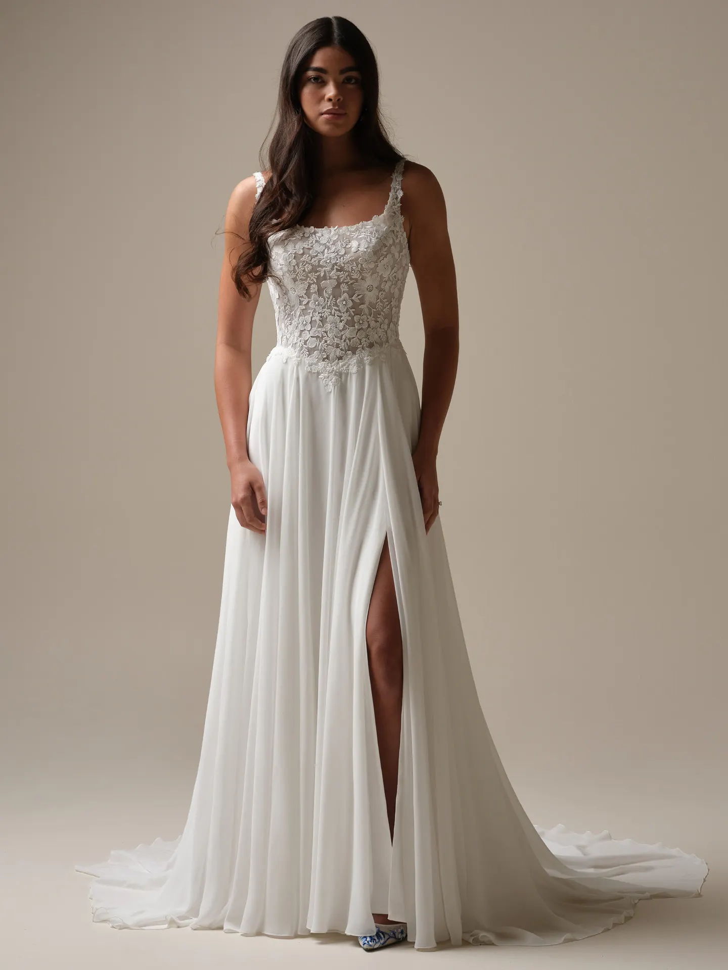 Maggie Sottero Cory front view, side slit chiffon A-line wedding dress.
