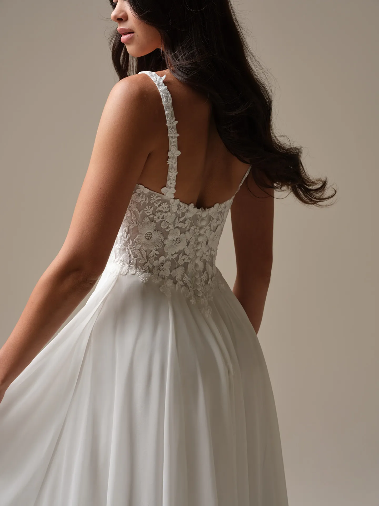 Maggie Sottero Cory side view chiffon A-line lace bodice
