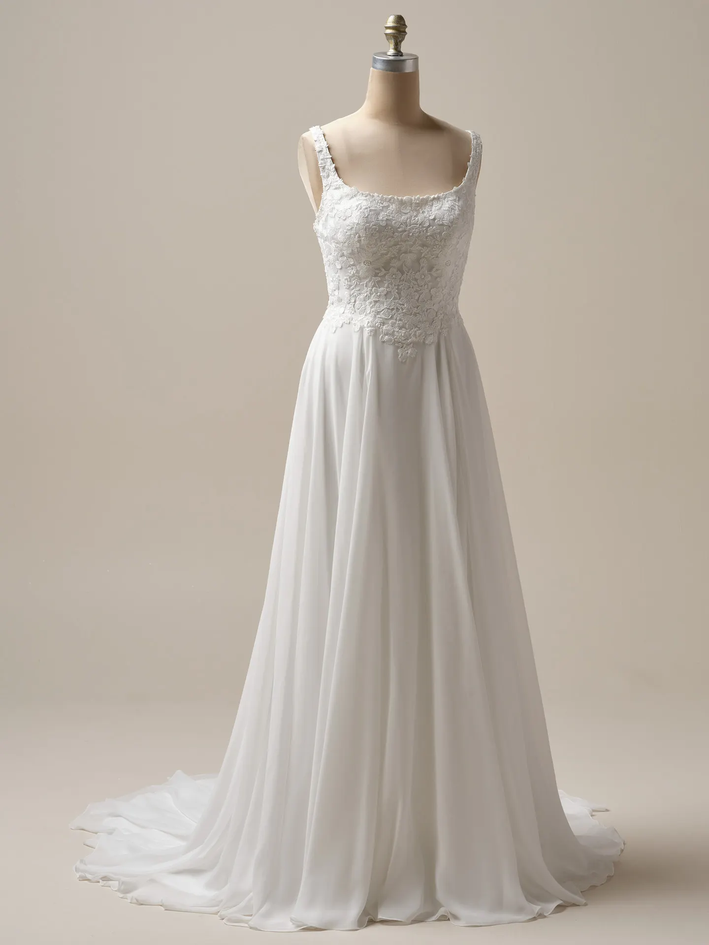 Maggie Sottero Cory front view, chiffon A-line wedding dress with side slit.