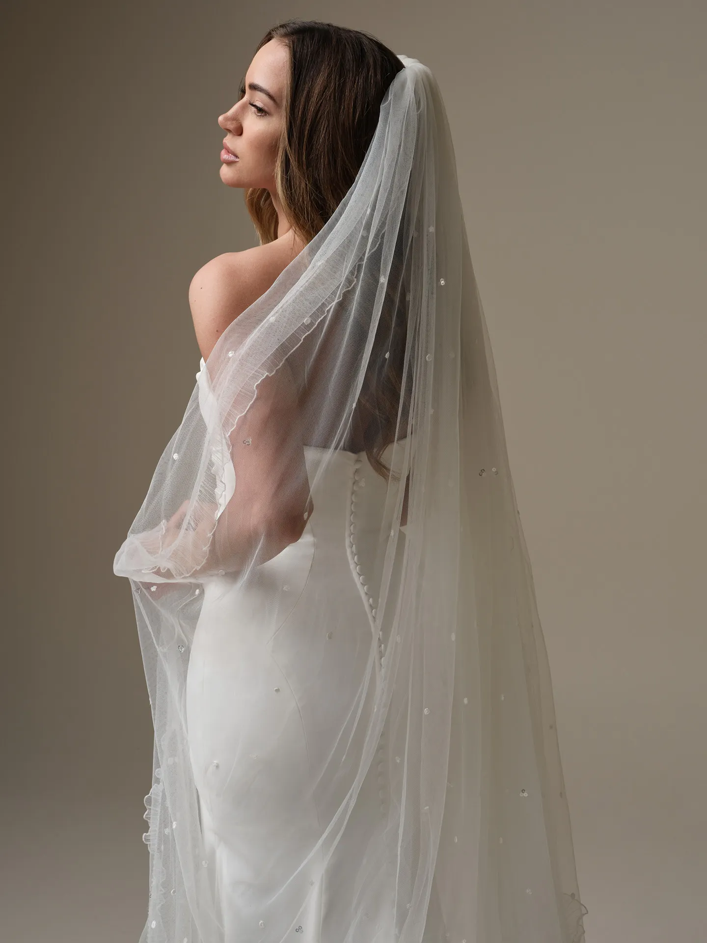 Rebecca Ingram Denise veil side view with sequins and ruffle edge