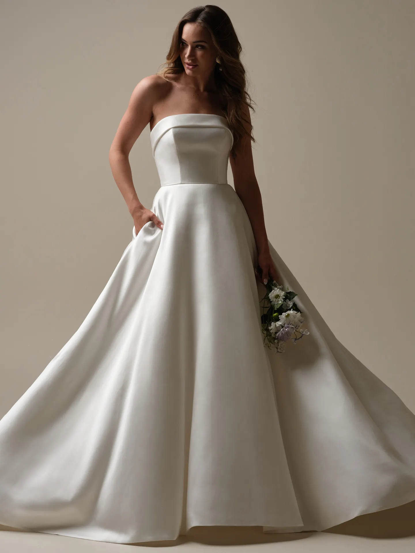Rebecca Ingram Elizabeth Marie front view satin A-line wedding dress