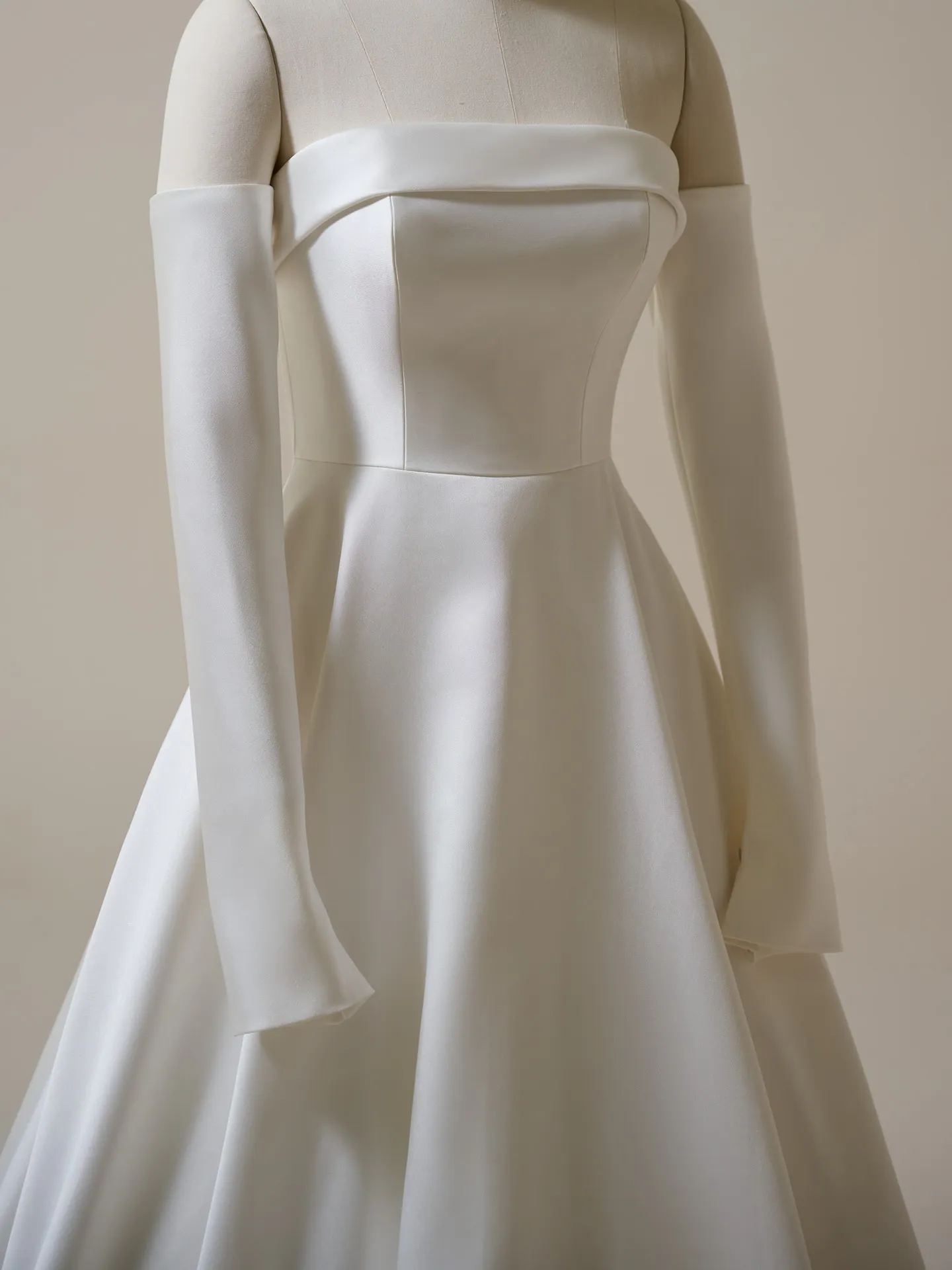 Rebecca Ingram Elizabeth Marie front view satin off-the-shoulder long sleeves
