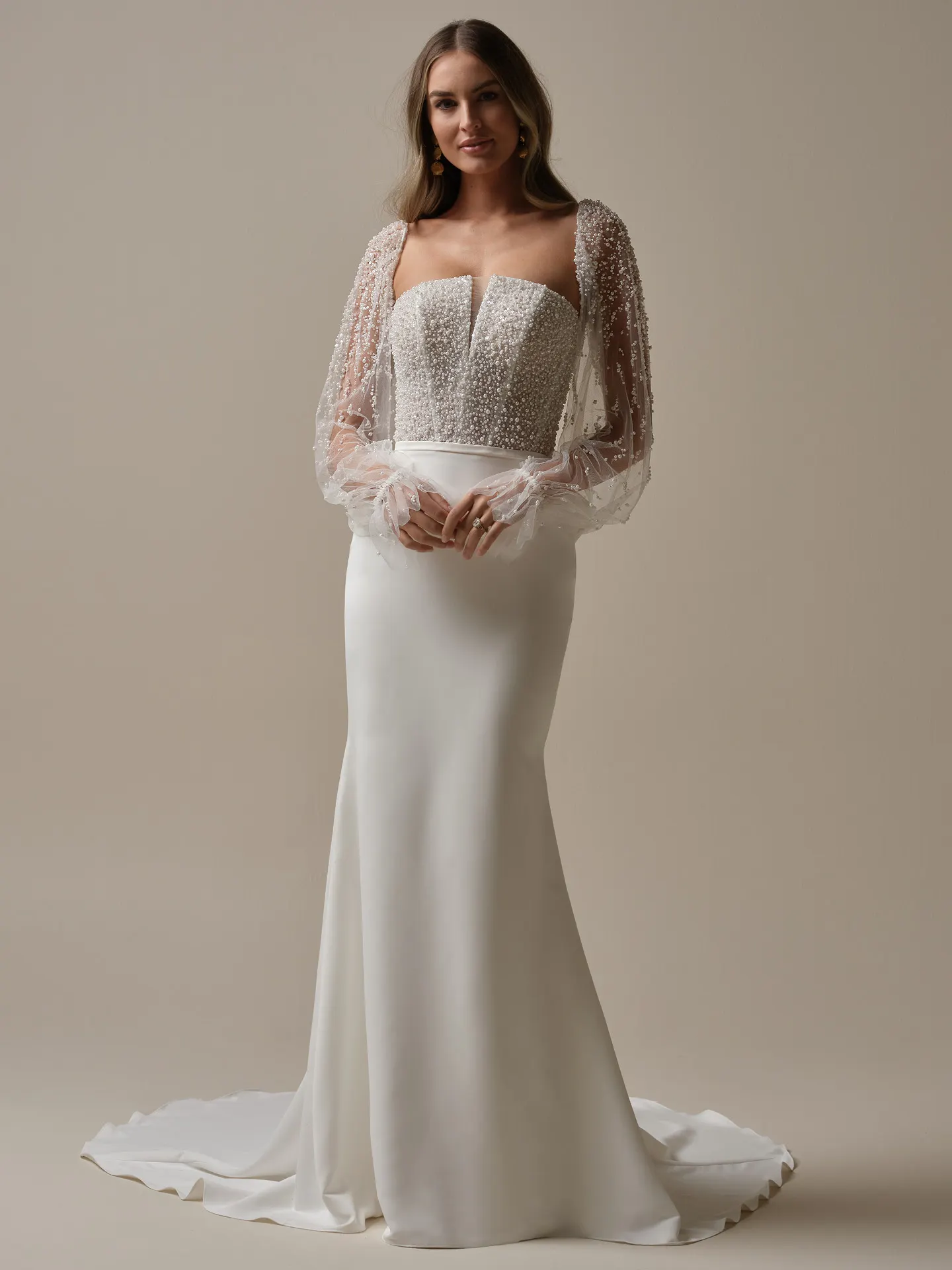 Rebecca Ingram Heyda front view, pearl sleeves, fitted silhouette.