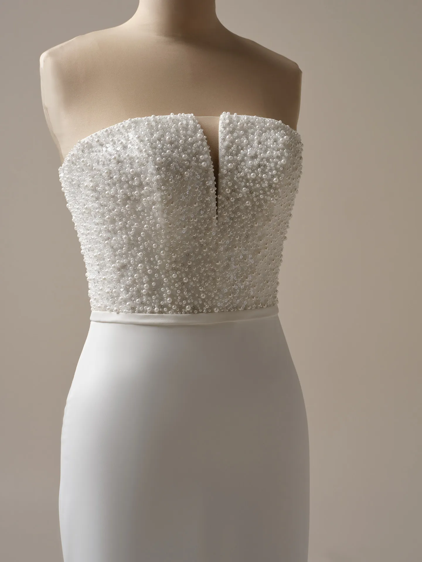 Maggie Sottero Heyda beaded pearl satin sheath front view