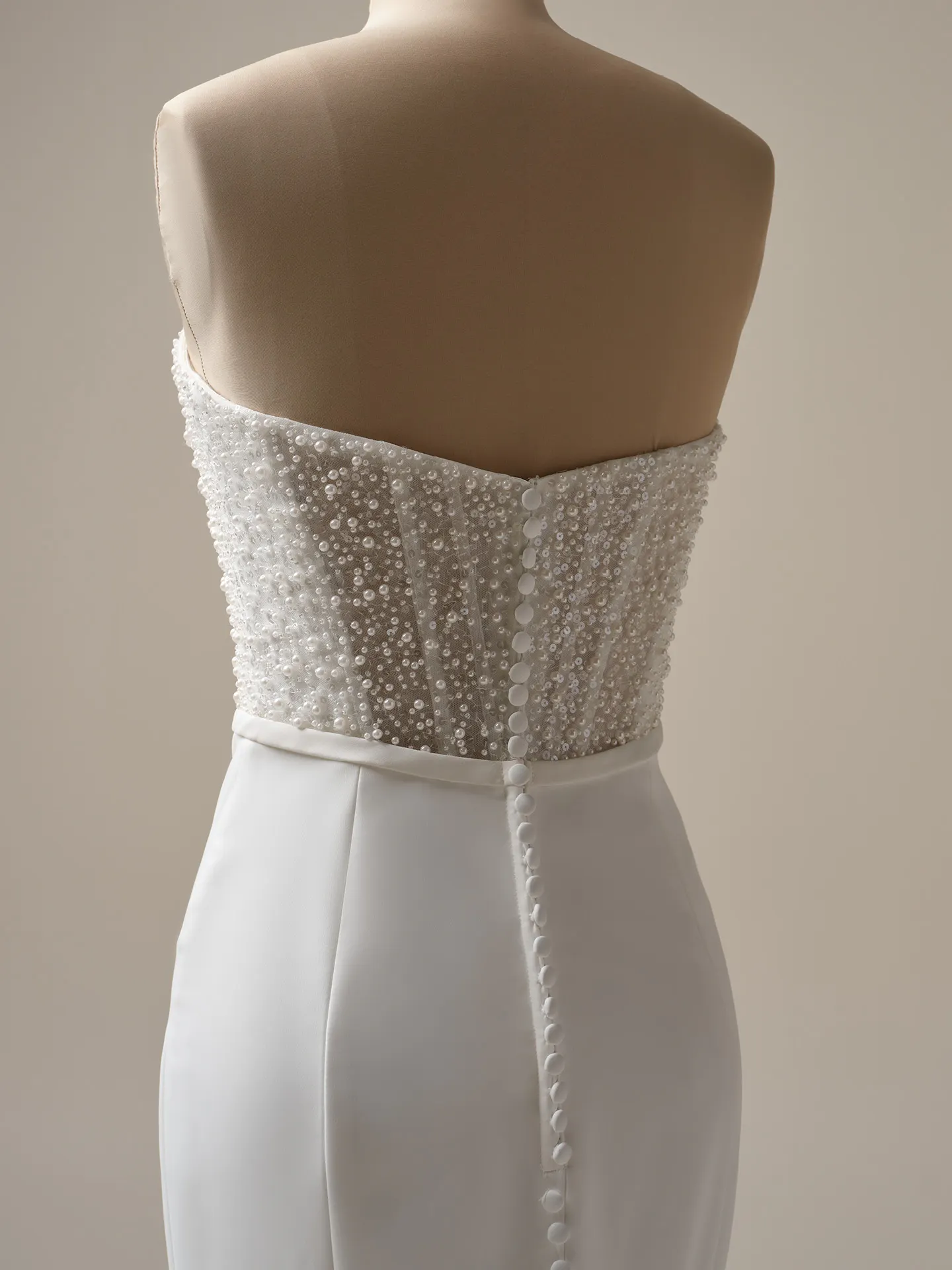 Maggie Sottero Heyda back view satin sheath dress with pearl beading