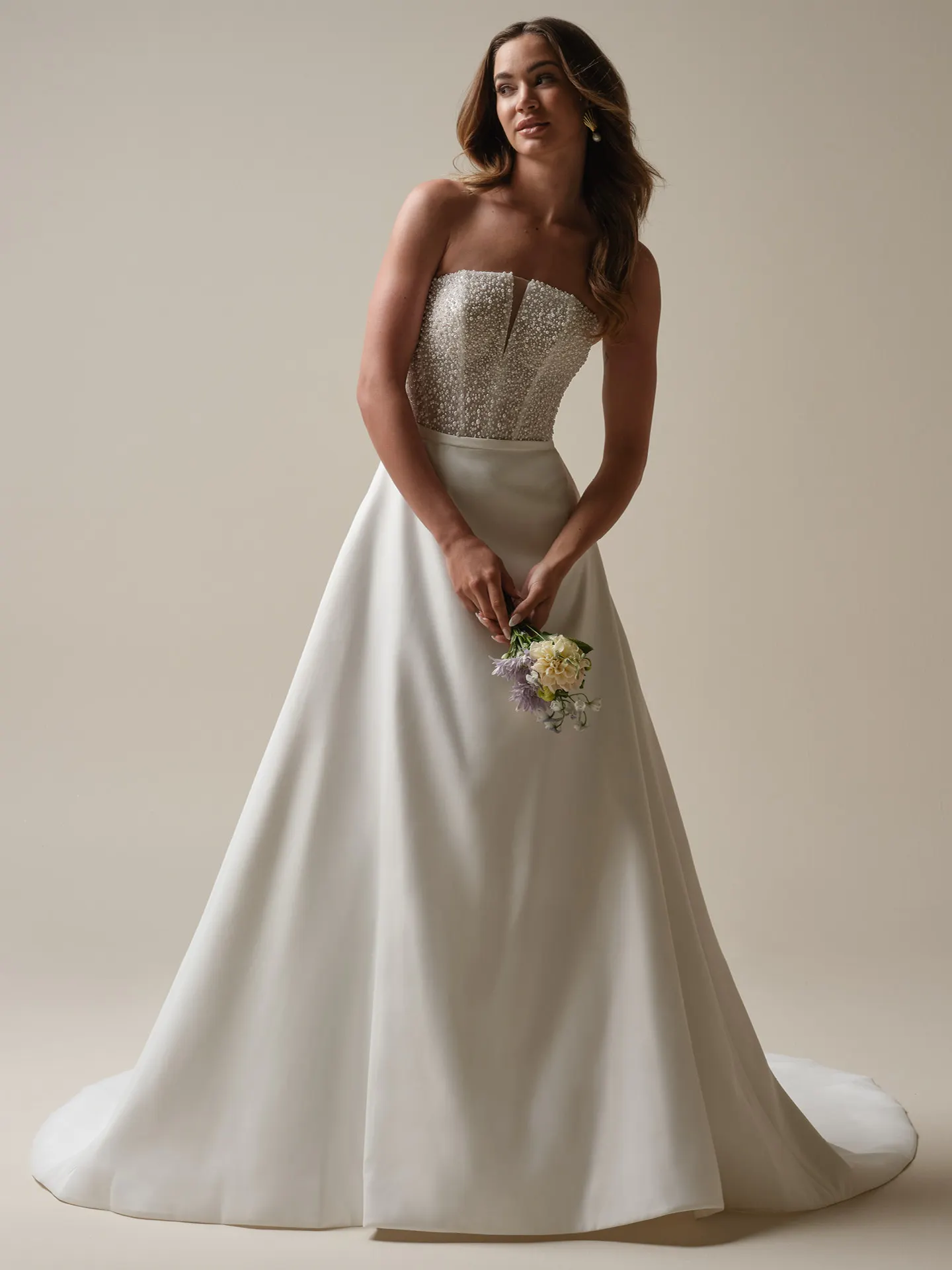 Rebecca Ingram Heyda Lane front view A-line satin wedding dress