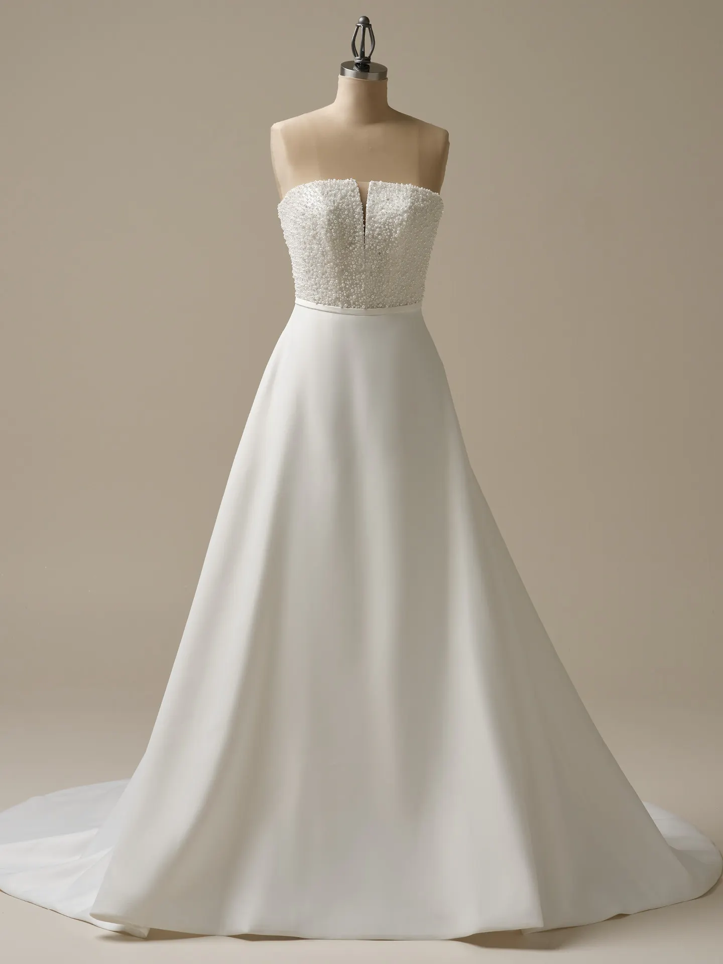 Rebecca Ingram Heyda Lane front view, beaded bodice, satin A-line wedding dress.