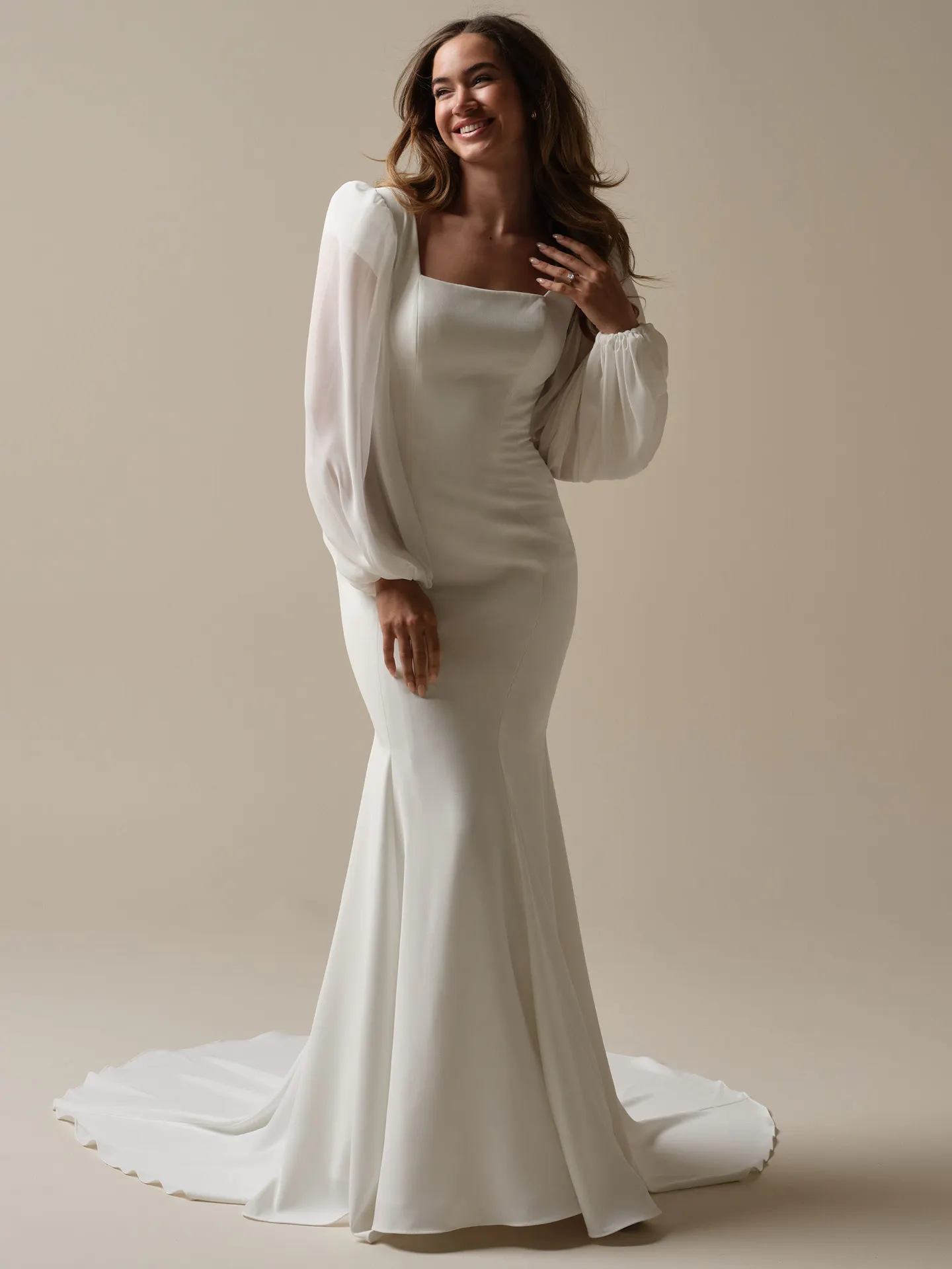 Maggie Sottero Jorie front view square neckline sheath gown with sheer sleeves