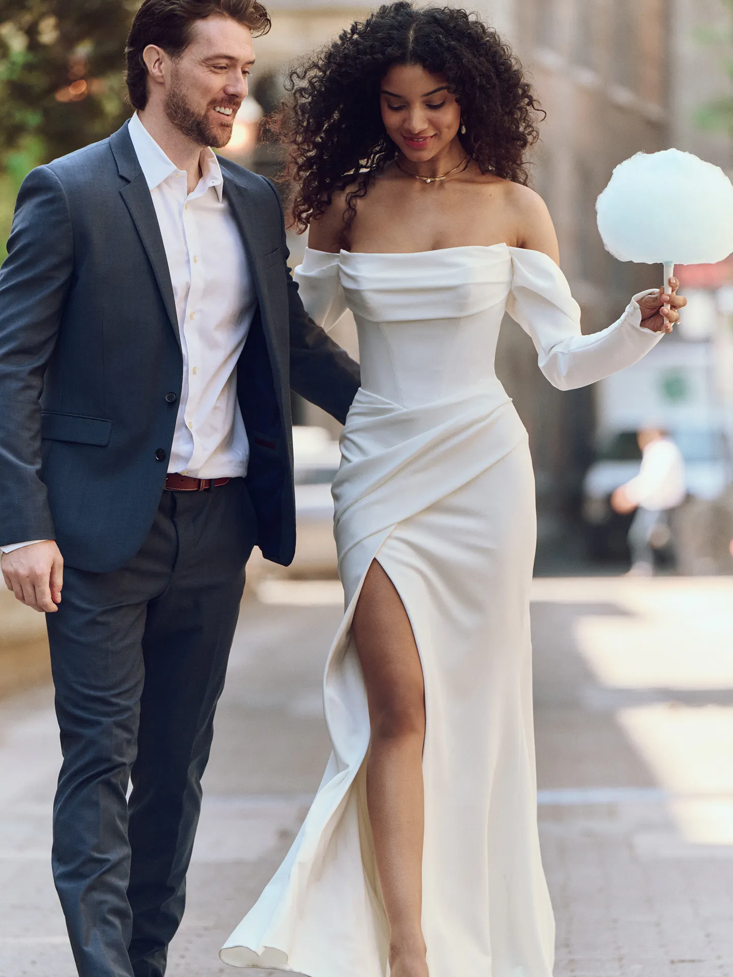 Maggie Sottero Kailani front view stylish crepe cowl wedding dress with slit