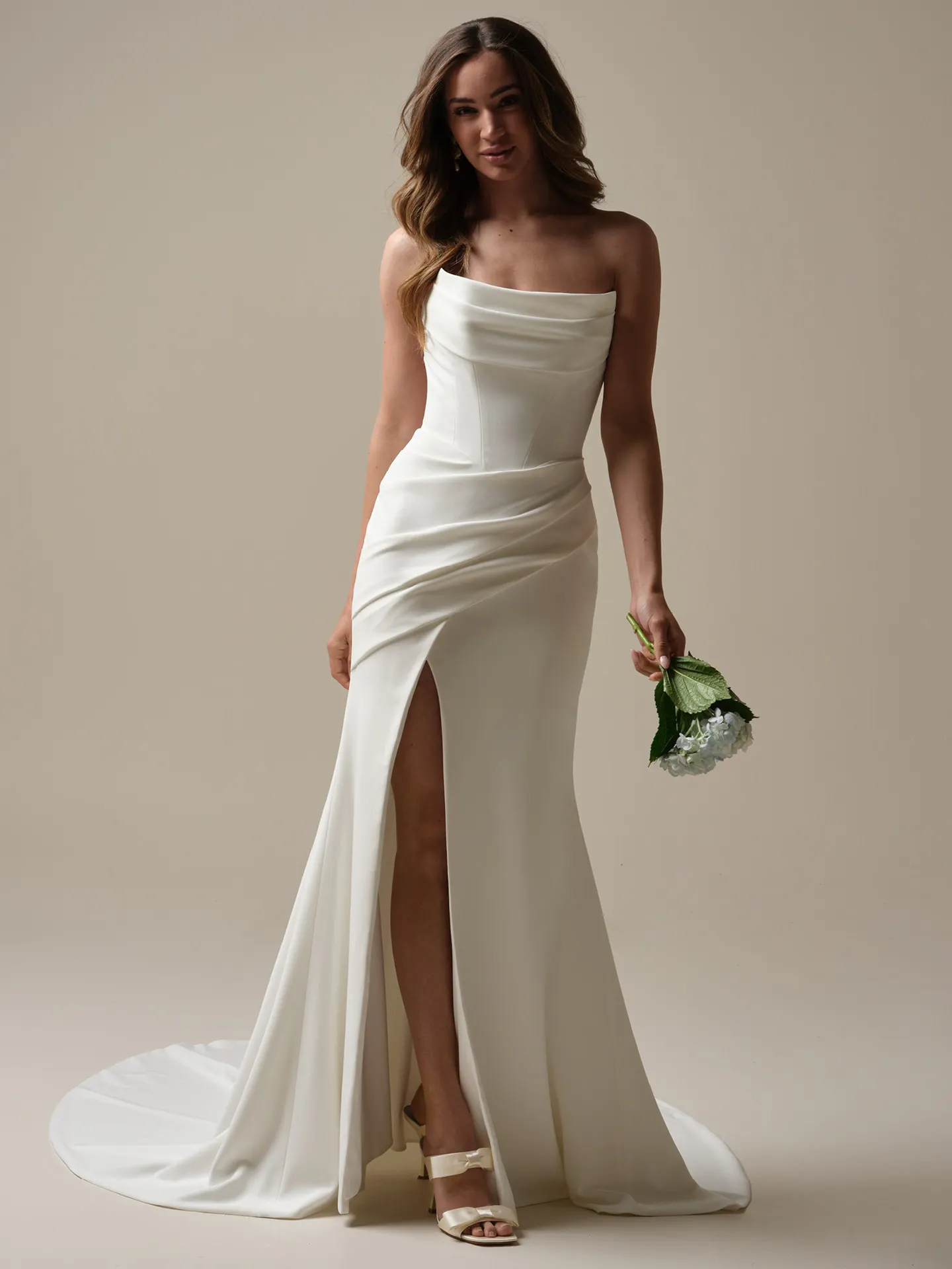 Maggie Sottero Kailani front view crepe cowl wedding dress with slit