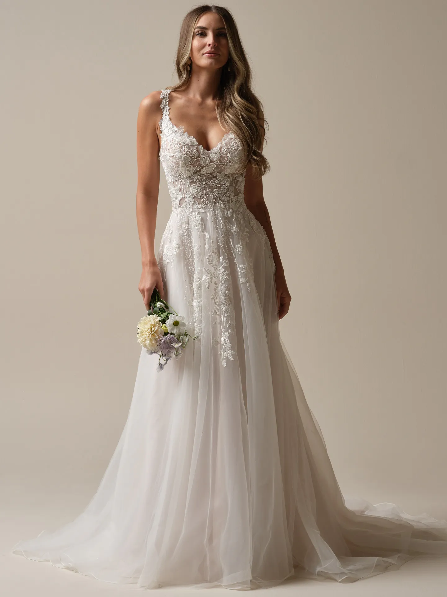 Rebecca Ingram Maple front view V-neck A-line gown