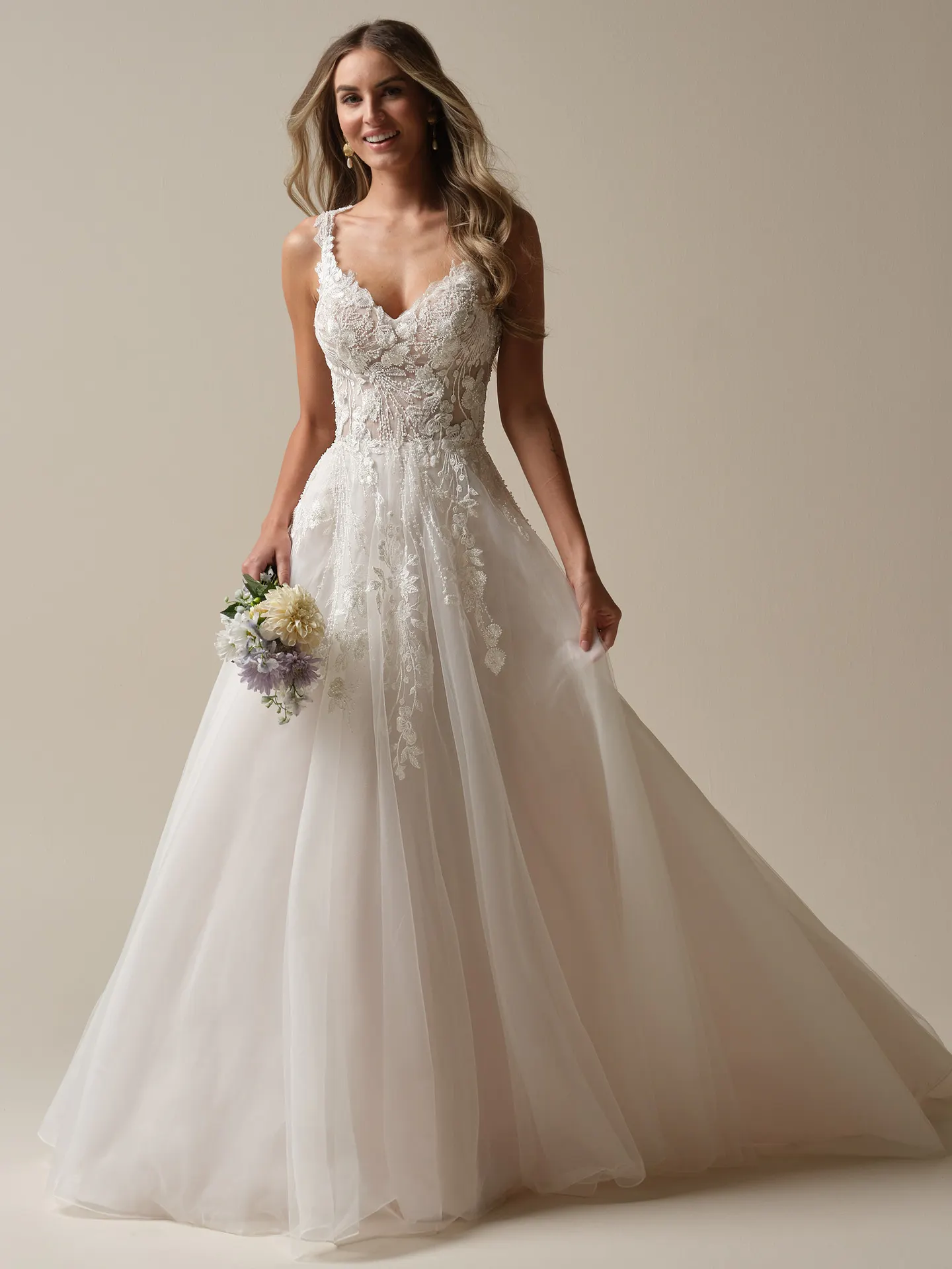 Rebecca Ingram Maple A-line gown front view, beaded V-neck design.
