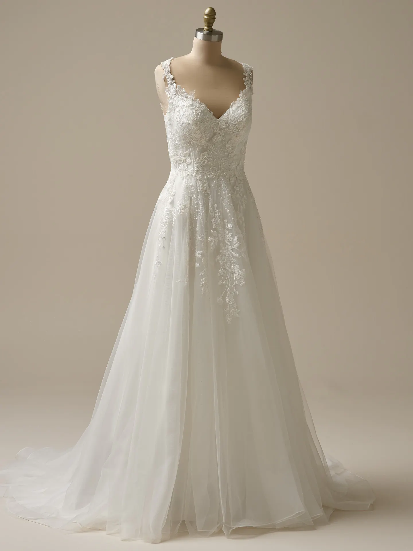 Rebecca Ingram Maple front view A-line bridal gown with beaded pearl V-neck.