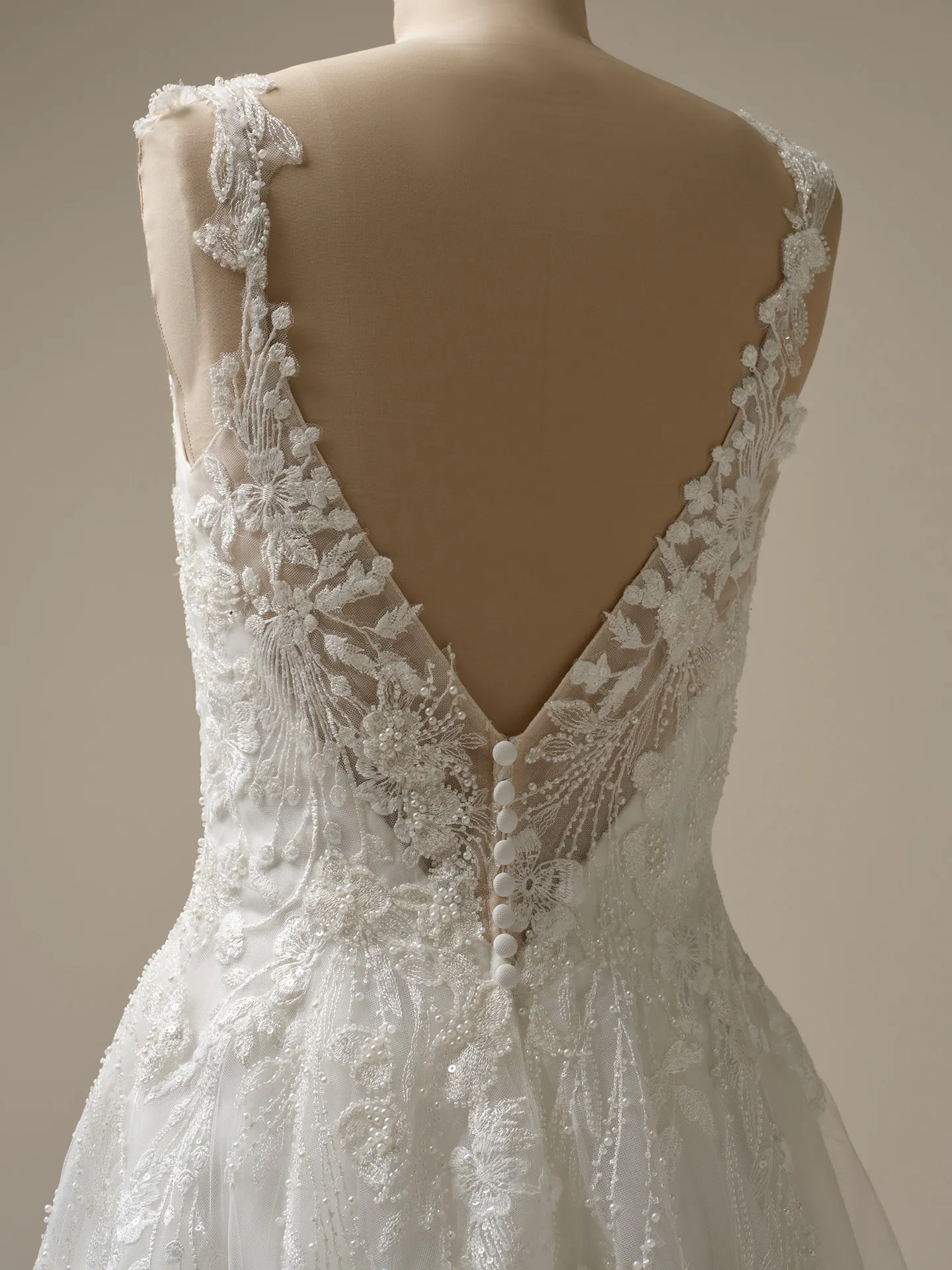 Rebecca Ingram Maple back view lace details on A-line gown