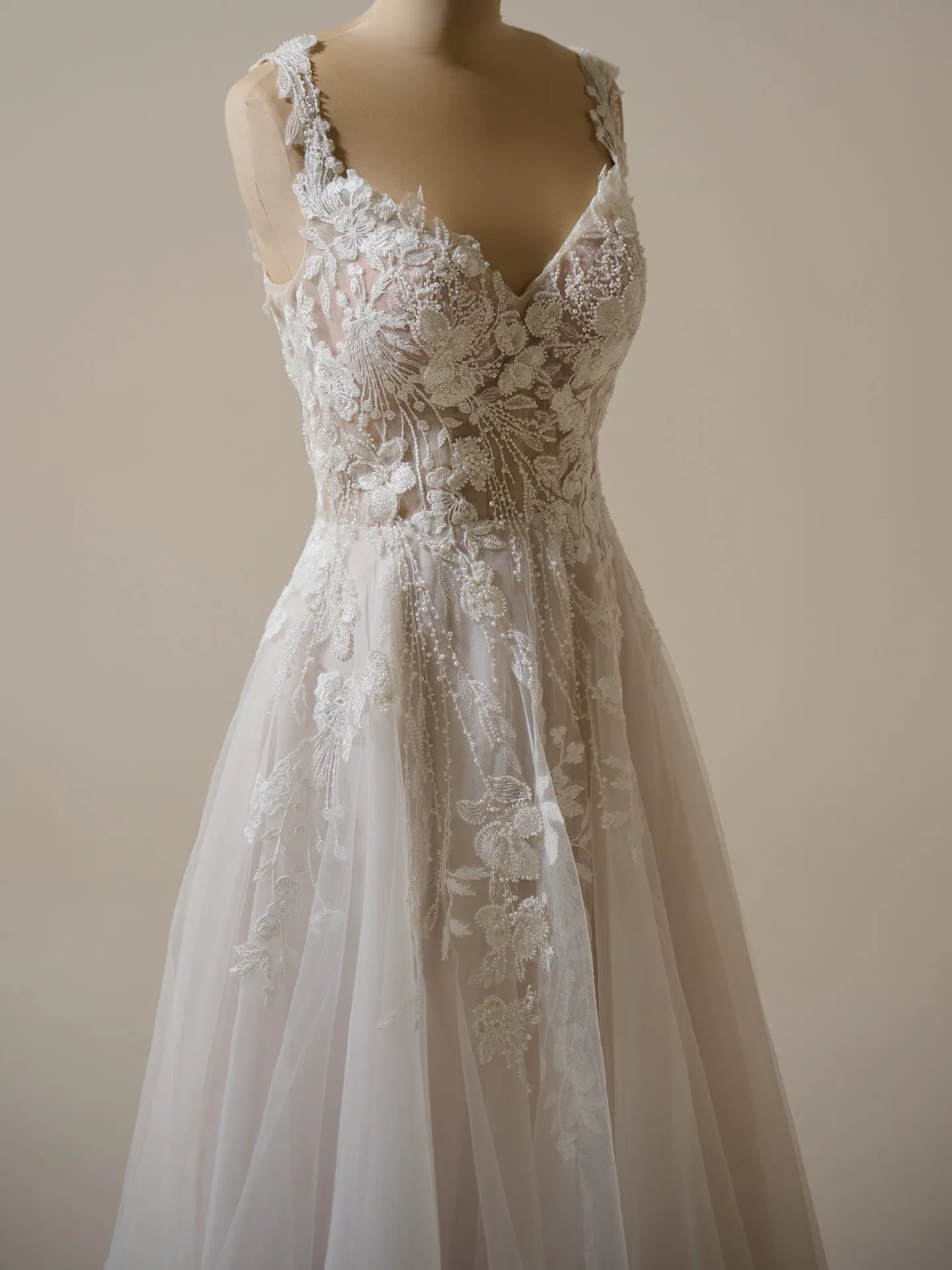 Rebecca Ingram Maple beaded pearl V-neck A-line dress front view.