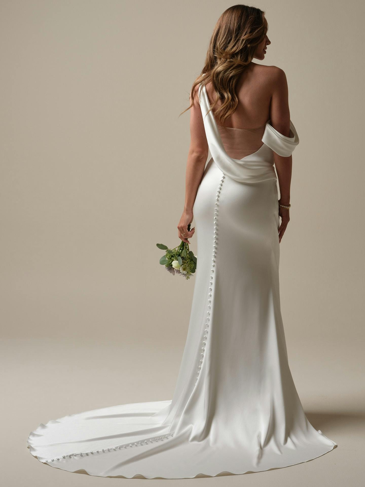 Nadia Asymmetrical Pleated Cowl Sheath Wedding Gown