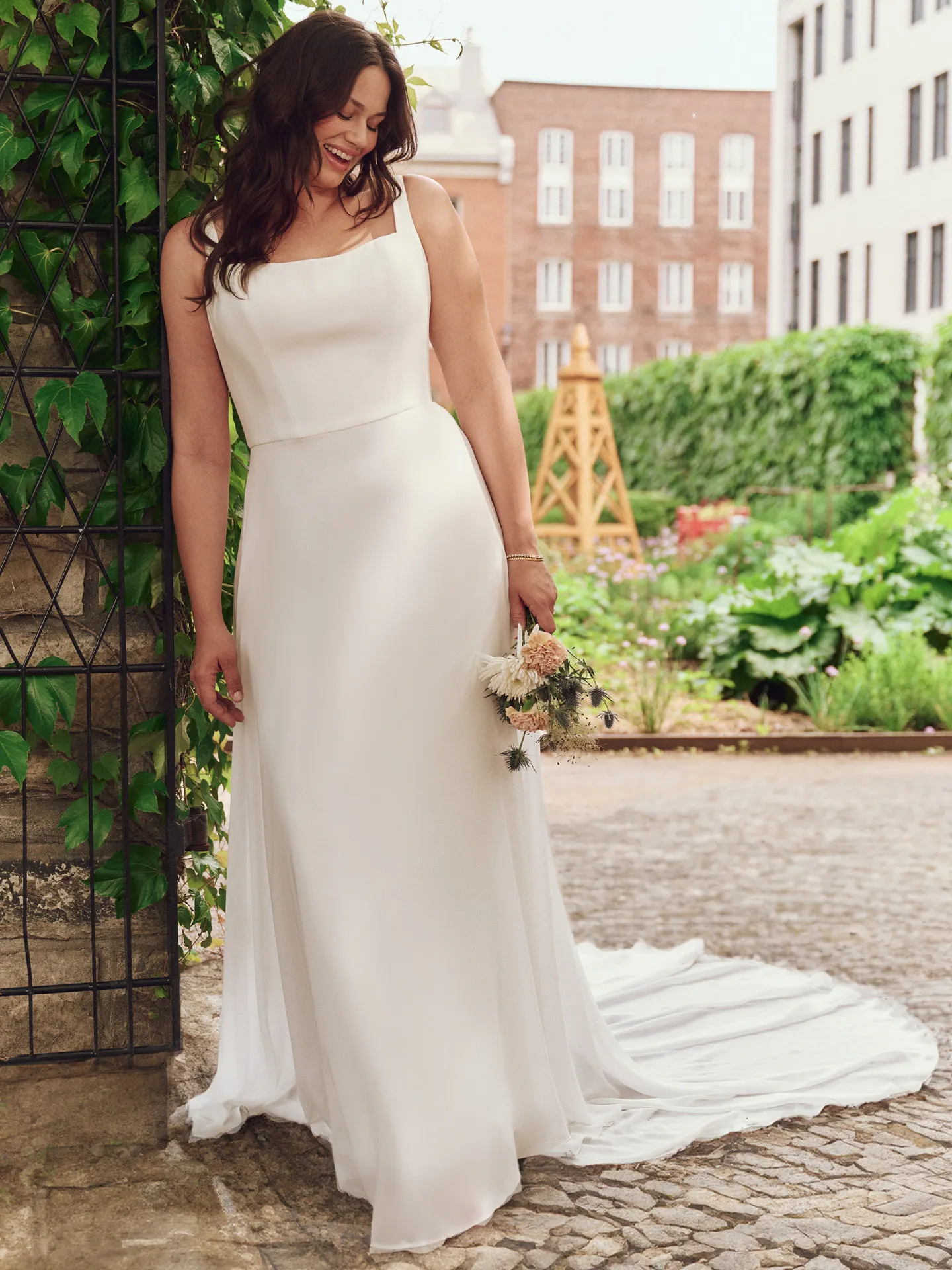 Rebecca Ingram Olivianna front view, square neck simple crepe A-line bridal dress