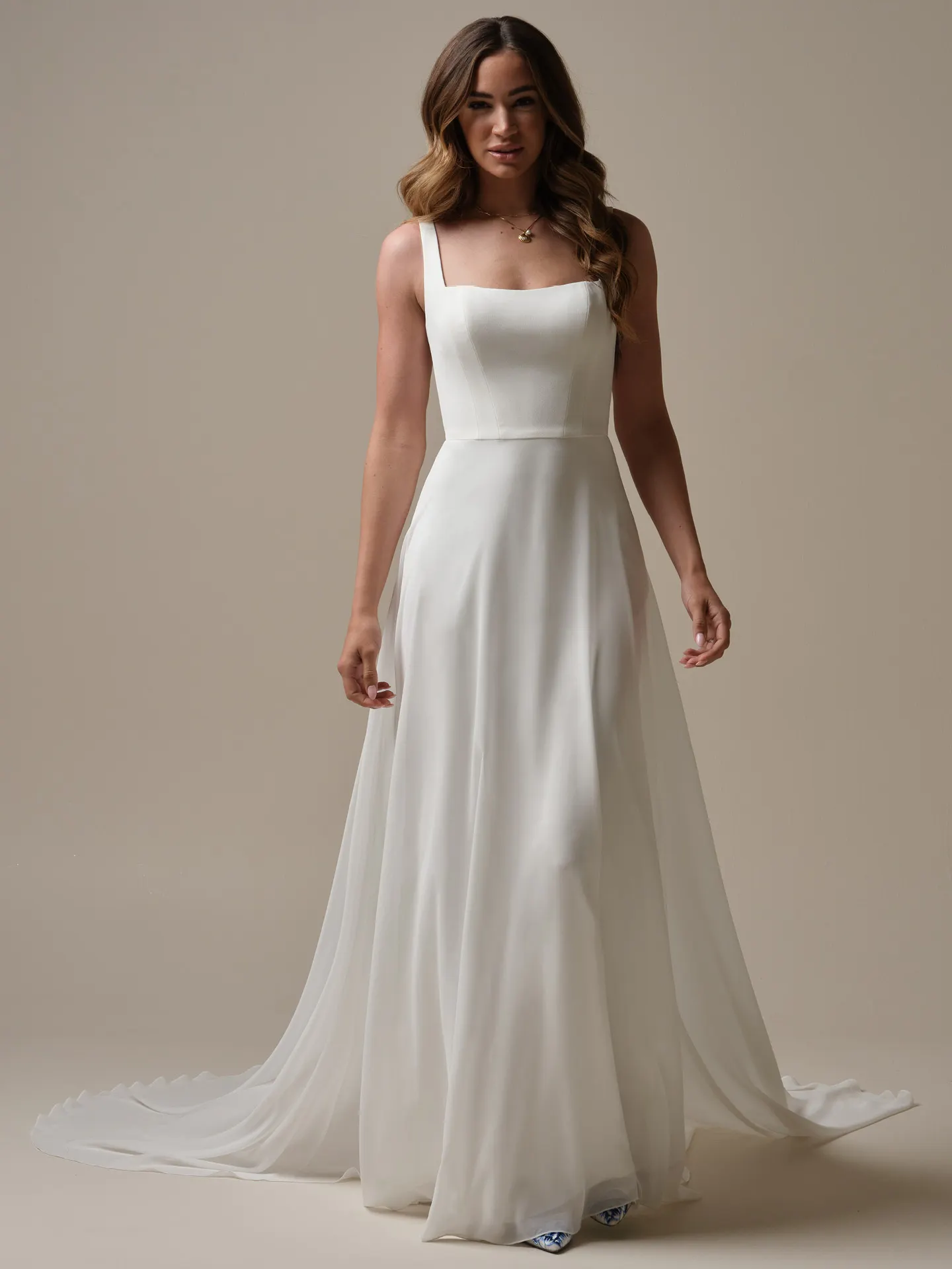 Rebecca Ingram Olivianna front view A-line square neck crepe bridal dress