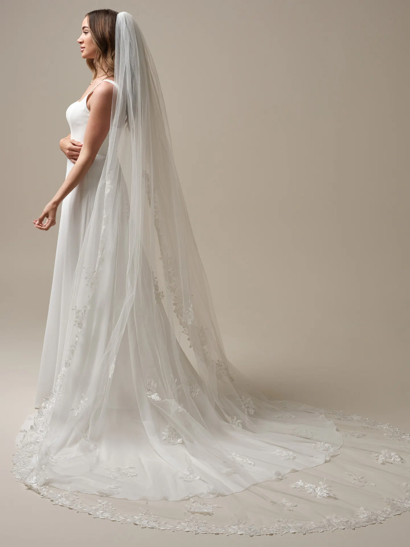 Rebecca Ingram Olivianna side view, cathedral veil with shimmering sequins