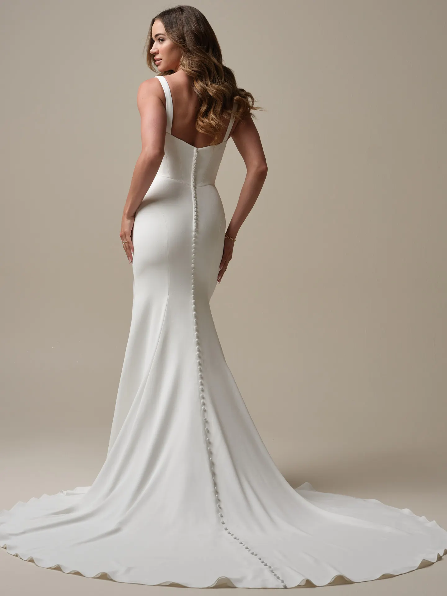 Rebecca Ingram Olivianna back view mermaid bridal gown with button detail